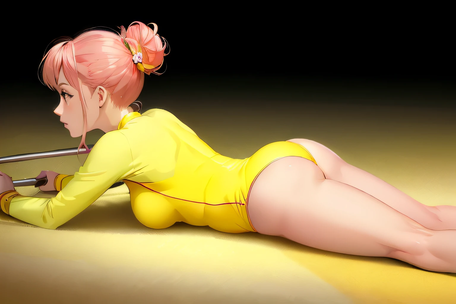 Woman in yellow bodysuit lying on the ground, character in natural pose, lying in dynamic pose, photorealistic anime girl rendering, anime girl, daz, daz, daz, pin-up body, smooth anime cg art, pin-up pose, rendered in SFM, lovely bridget from overwatch, Photorealistic perfect body