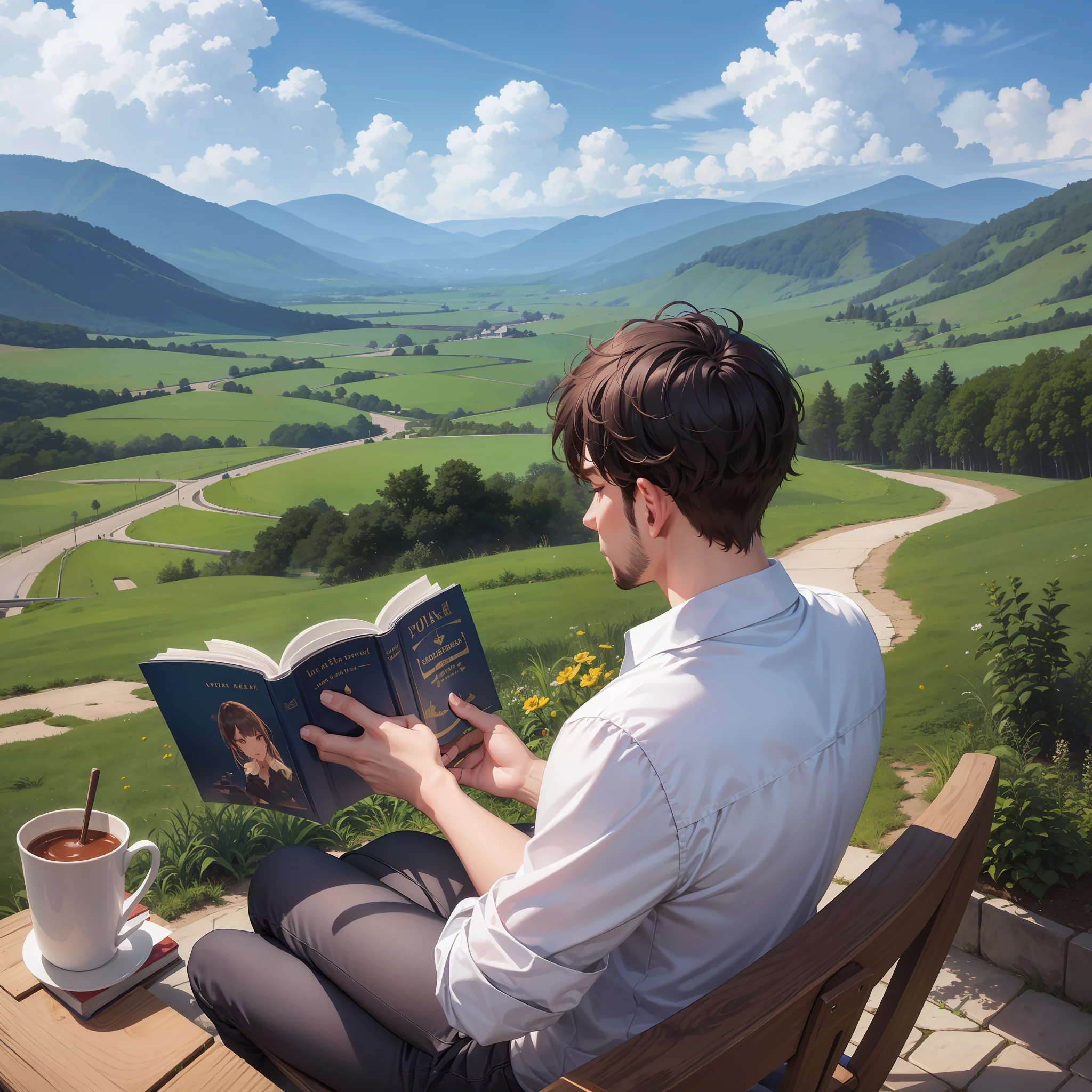 Ultra realistic, 4K, man, sitting, reading a book, with a beautiful landscape in the background