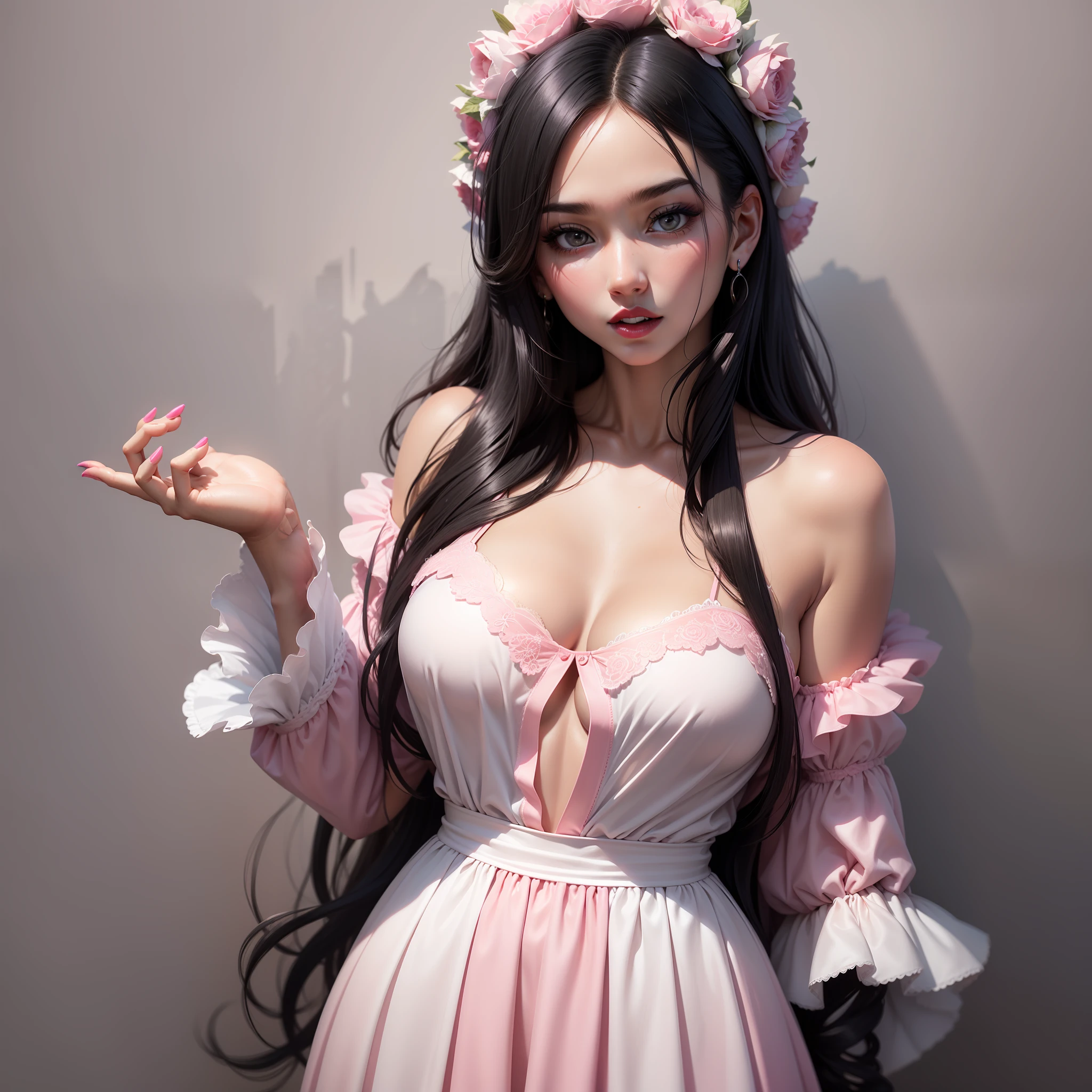 A woman, sexy, white skin, pink dress, long hair, black hair, black eyes, lips with pink lipstick