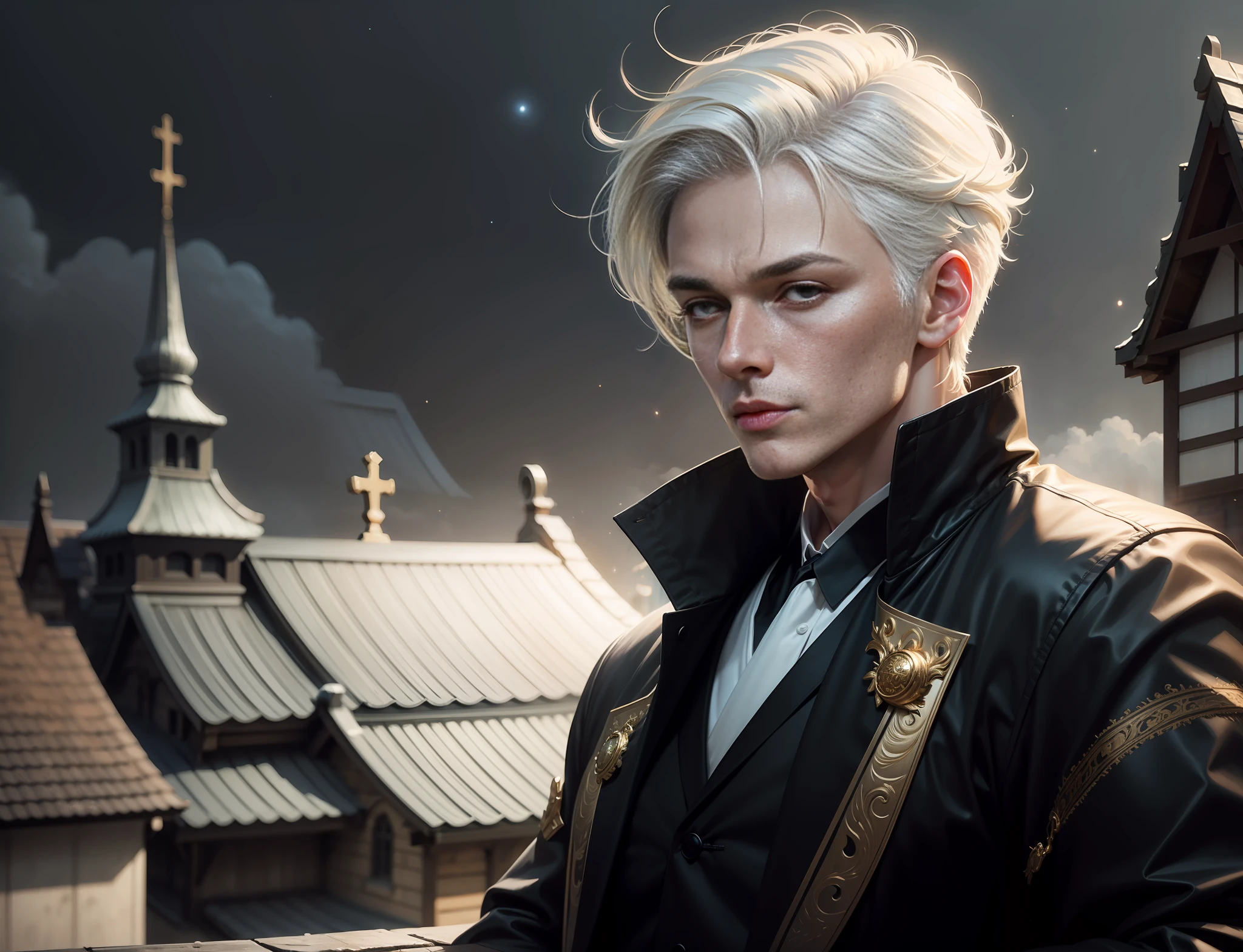 blonde-haired man with white hair white clothes with white jacket, sitting on the roofs of a church on a very starry night, art of the human male character wearing all white clothes, realistic digital painting, realistic art style, beautiful male, detailed bass in gold. digital painting, digital character painting --auto