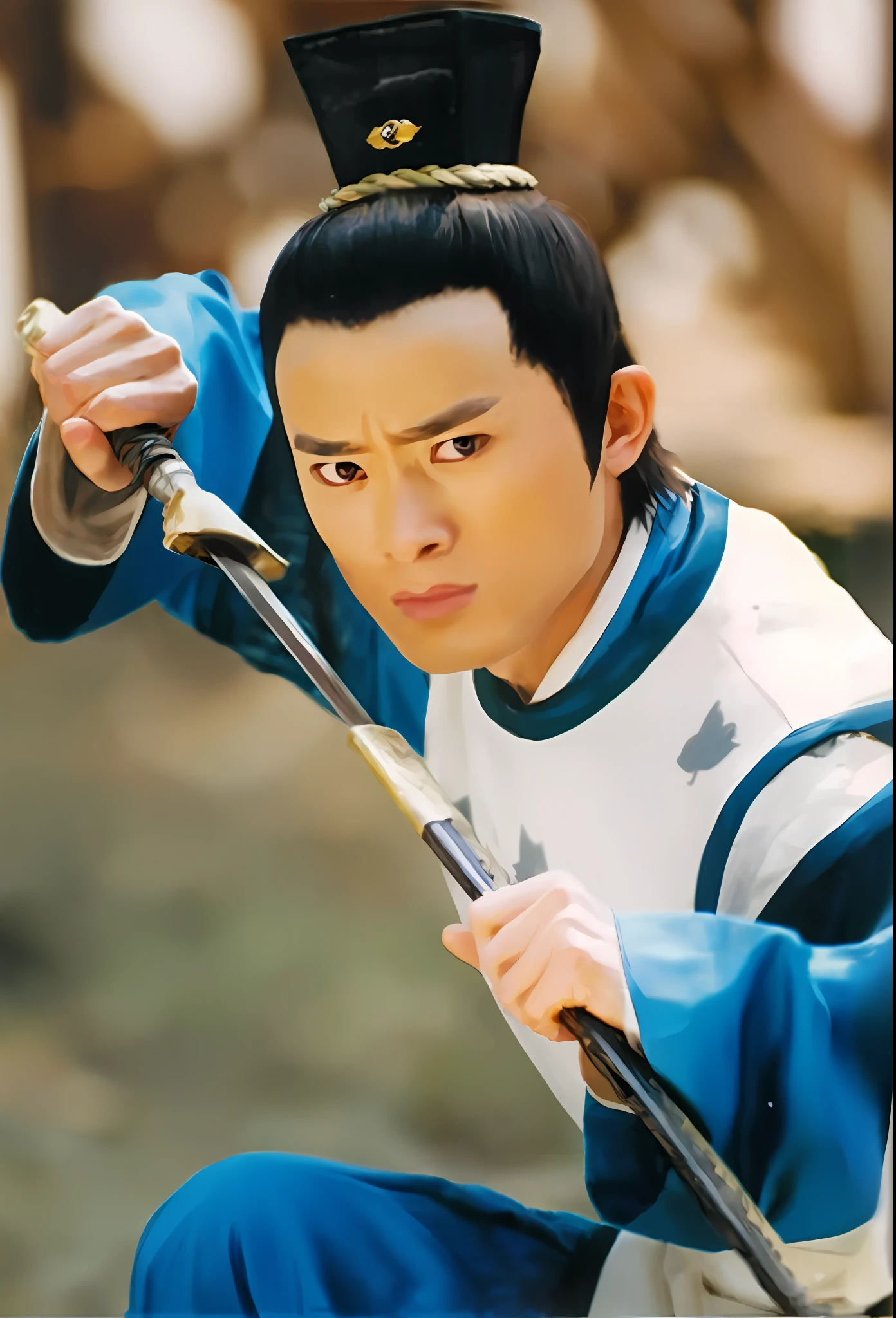 Arafard men wearing blue and white Song Dynasty costumes holding Chinese swords, Zhao Yun, Fengshu, and Jin Shan, inspired by the young Gongsun Ce, swordsman, youth, Ren Quan, Yan, Wuxia, Hua Cheng, and Xian Xia heroes