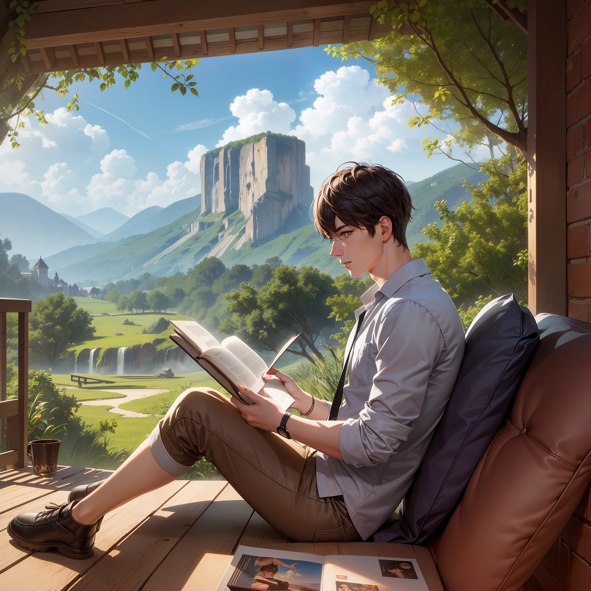 Ultra realistic, 4K, man, sitting, reading a book, with a beautiful landscape in the background