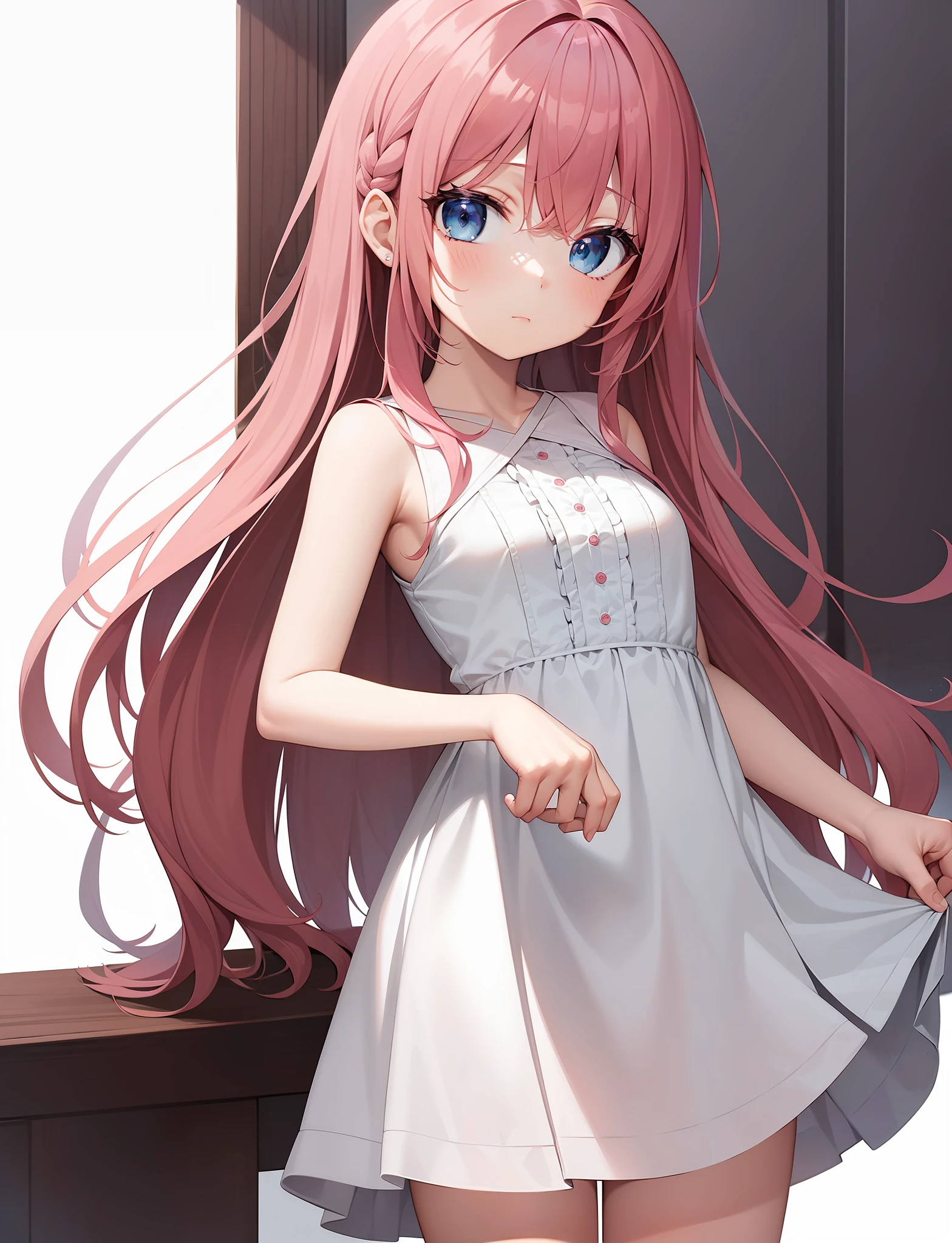 A cute anime girl child, blue eyes, long pink hair, wearing a beautiful white sleeveless dress. Saying something