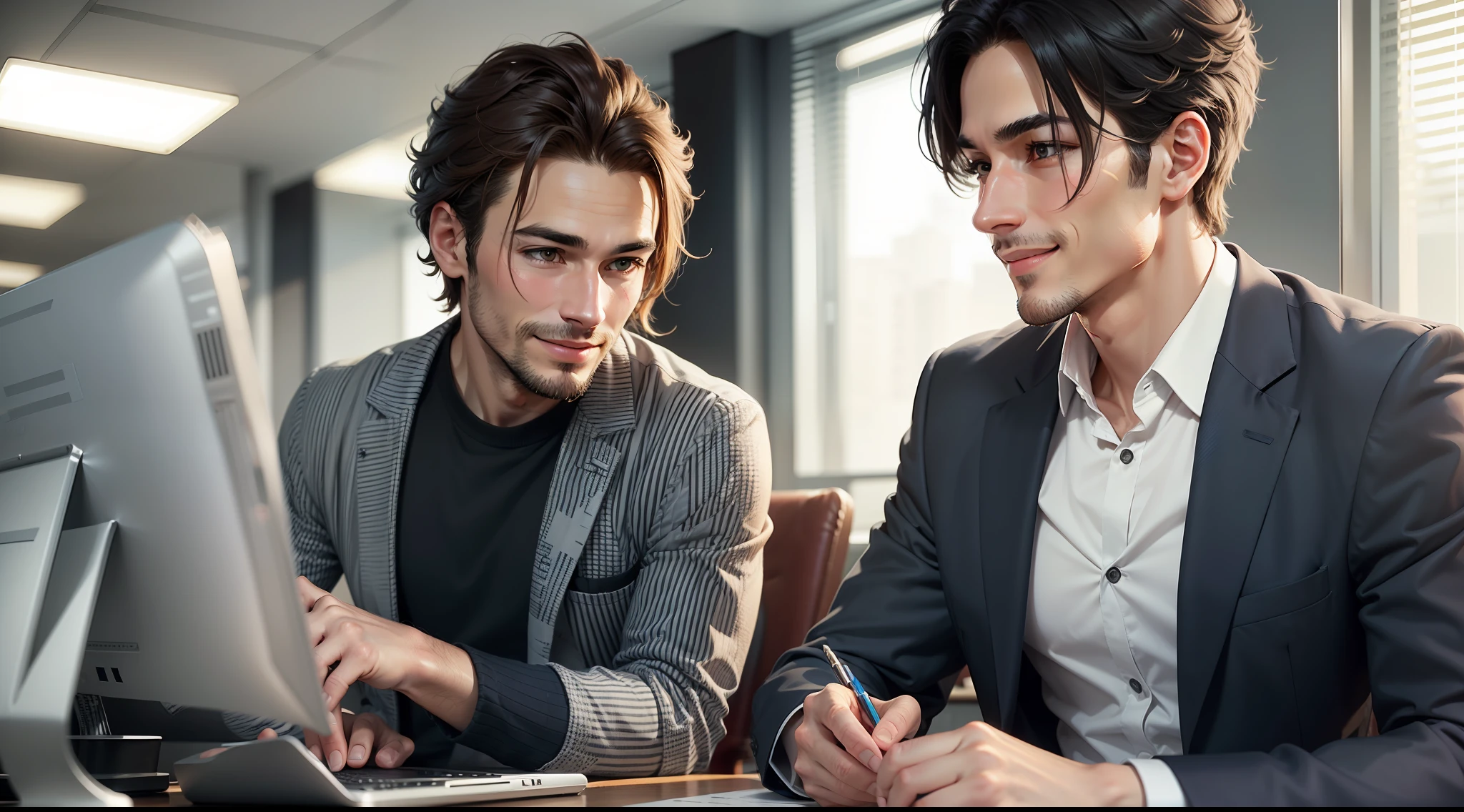 two men, talking, smiling, (Detailed skin), (Sharp focus), working in an office,