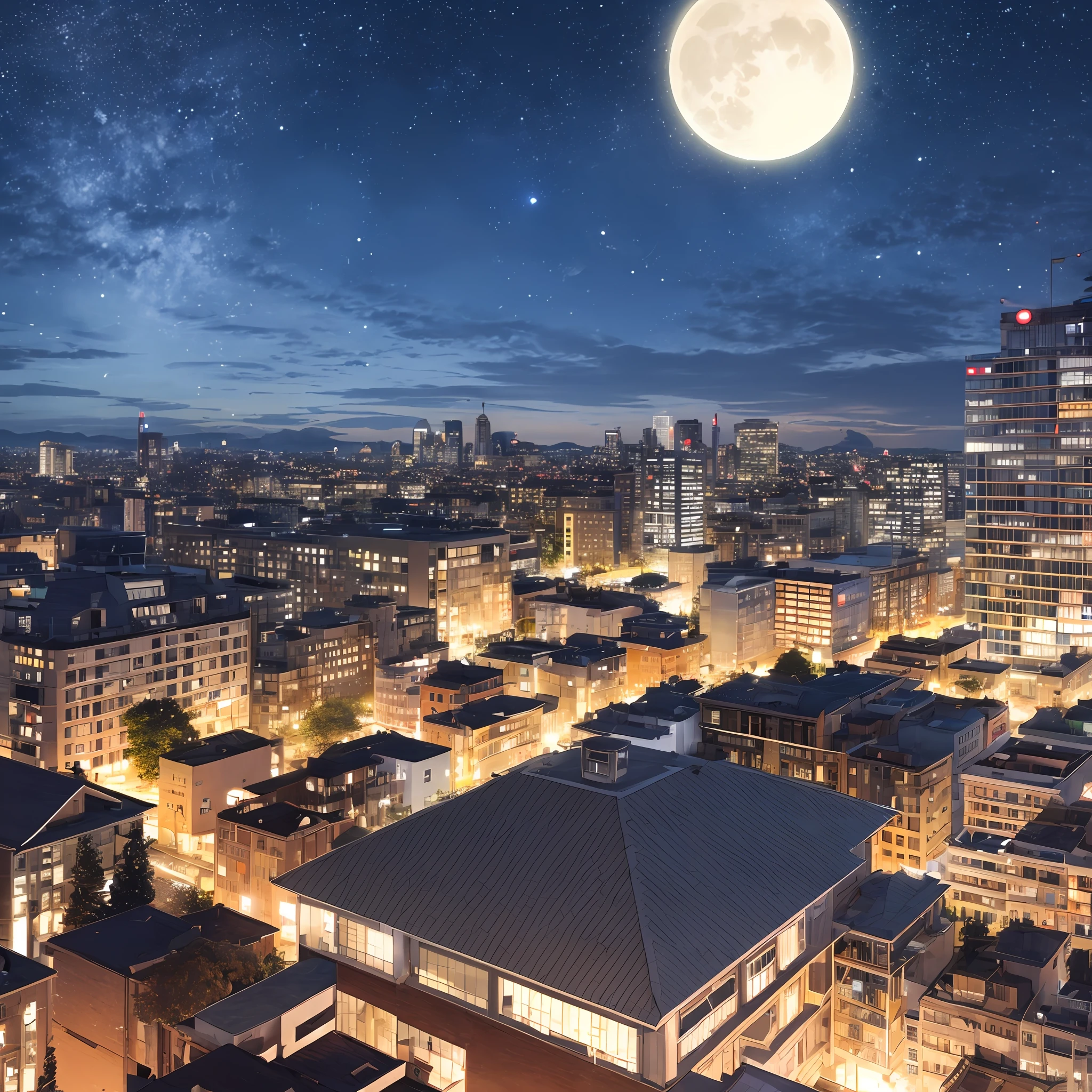 Rooftops, dark night many stars and a moon, dark place, nocturnal --auto