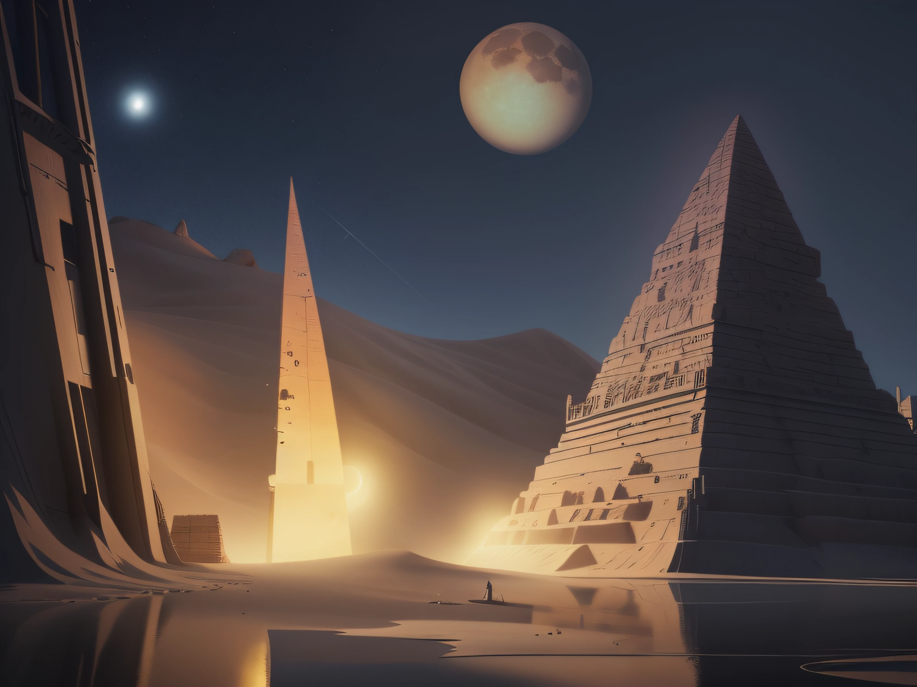 Desert photo with pyramids and moon, sci-fi digital painting, ancient yet futuristic, masterpiece of art gems and beeple, ancient future, philip hodas art style, style of beeple, 3d rendering beeple