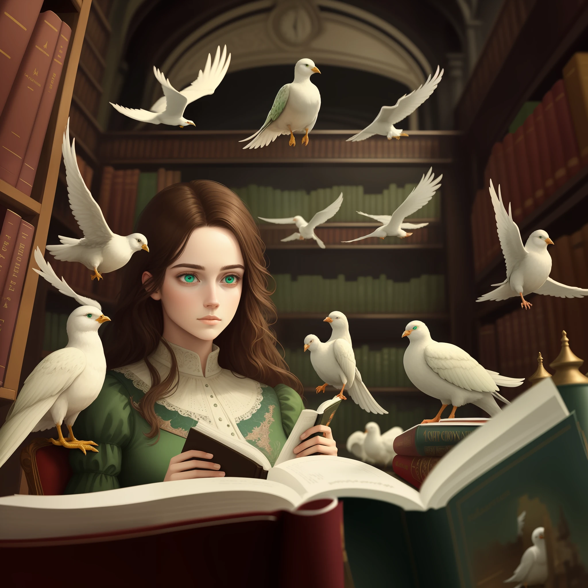 art , 6k , masterpiece, best quality, ultra-detailed , best quality, masterpiece, intricate details, tonemapping, sharp focus, hyper detailed , golen brown haired woaman in a library, light green eyes , reading , giant colorfull library , white birds flying .