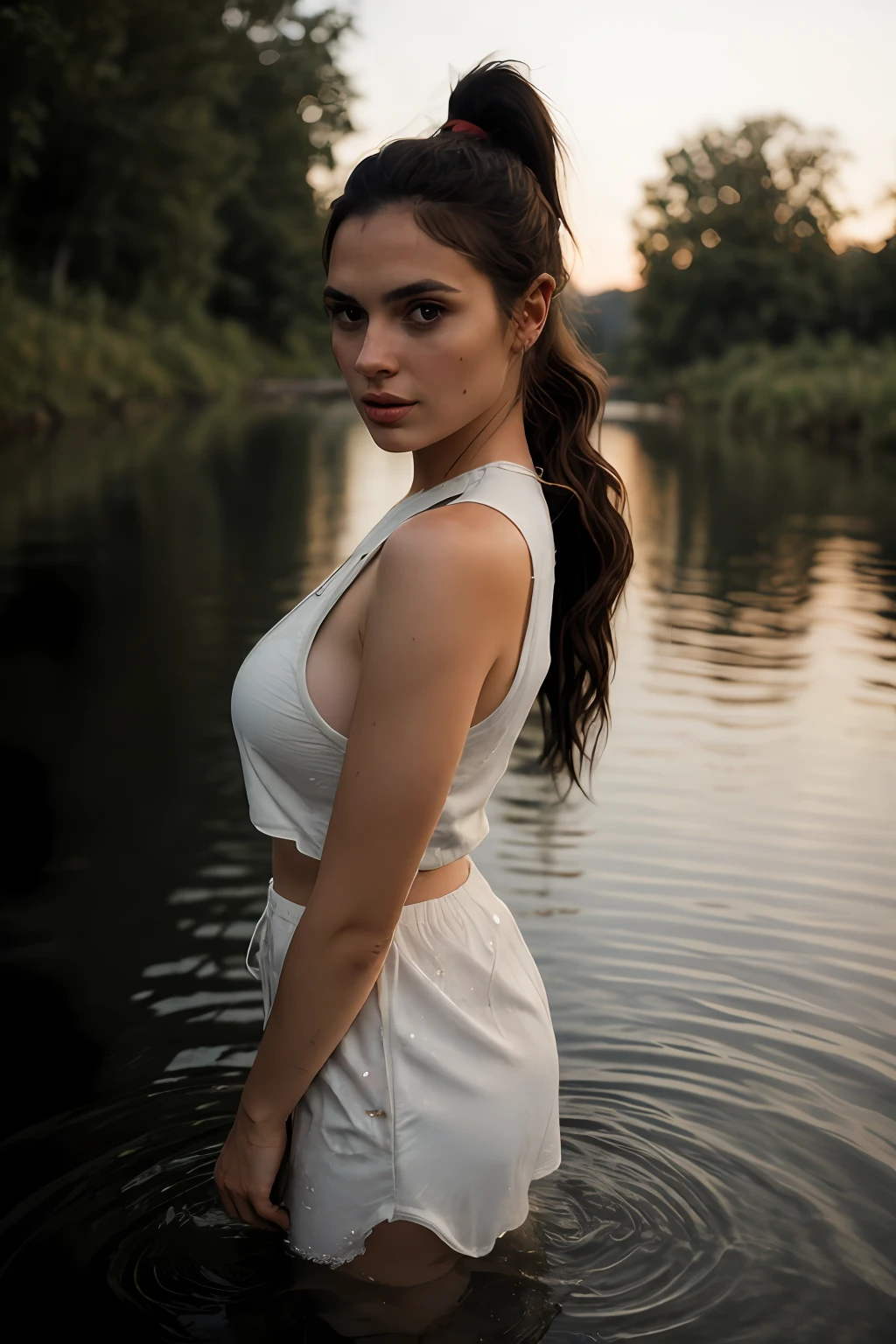 RAW, Full body, Half body of a beautiful 25-year-old woman, African, black, long hair, ponytail, hard breasts, (pores), (dirty face), bathing in a clear river, big river, ((trqanslucida clothing)) (night), ((dusk)) , (backlight), (against light), realistic, masterpiece, high quality, lens reflection, shadow, flower, (skin with realistic pores), dark, (night) ,  Matte, raw colors, real,nikon d850 stock film photography 4 kodak portra 400 camera f1.6 colors rich in hyper realistic lenses realistic texture dramatic lighting irrealengine trending on artstation cinestill 800 (epiCRealism), ((perfect))