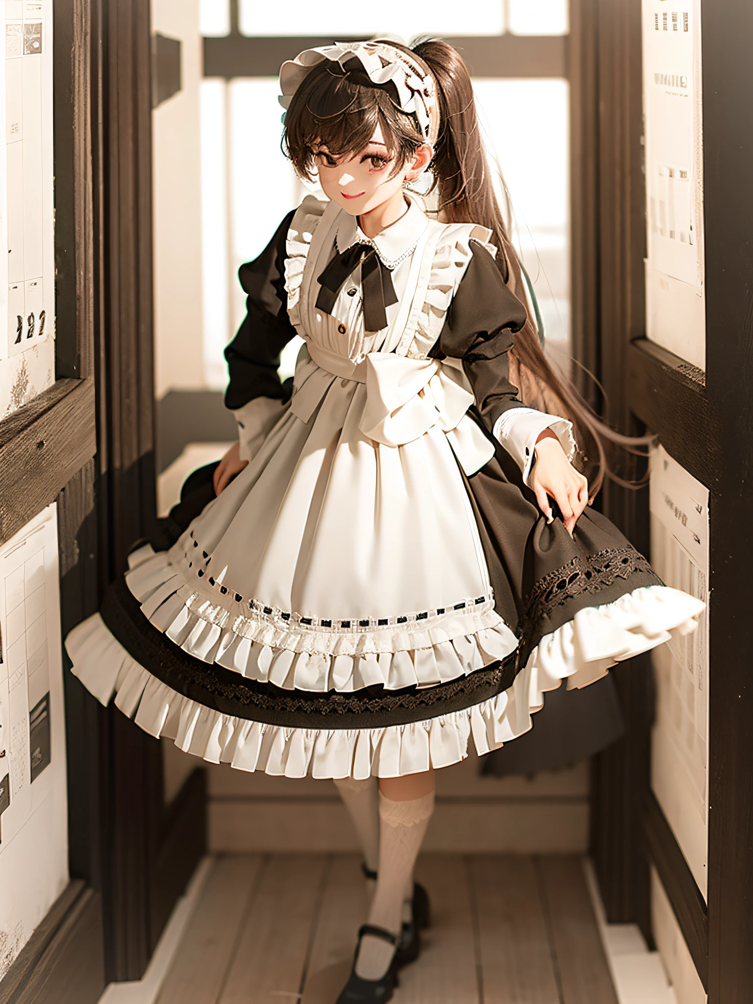 Asian, Girl, Solo, Full body, Black hair, Ponytail, Smiling, Maid dress with long skirt up to the heel of solid black long sleeve puff sleeves, Maid clothes with white sleeves, Black buttons on cuffs, Maid dress collar white, Embroidered one point at collar, Apron up to chest in solid white, Ruffles on apron shoulders, Red ribbon tie, Head headband with white ruffles, White panquets, White panniers, Standing, Upper eyes, Hands on hips, Enameled shoes with black straps, Low heels, Mansion hallway, On the left, Door on the right