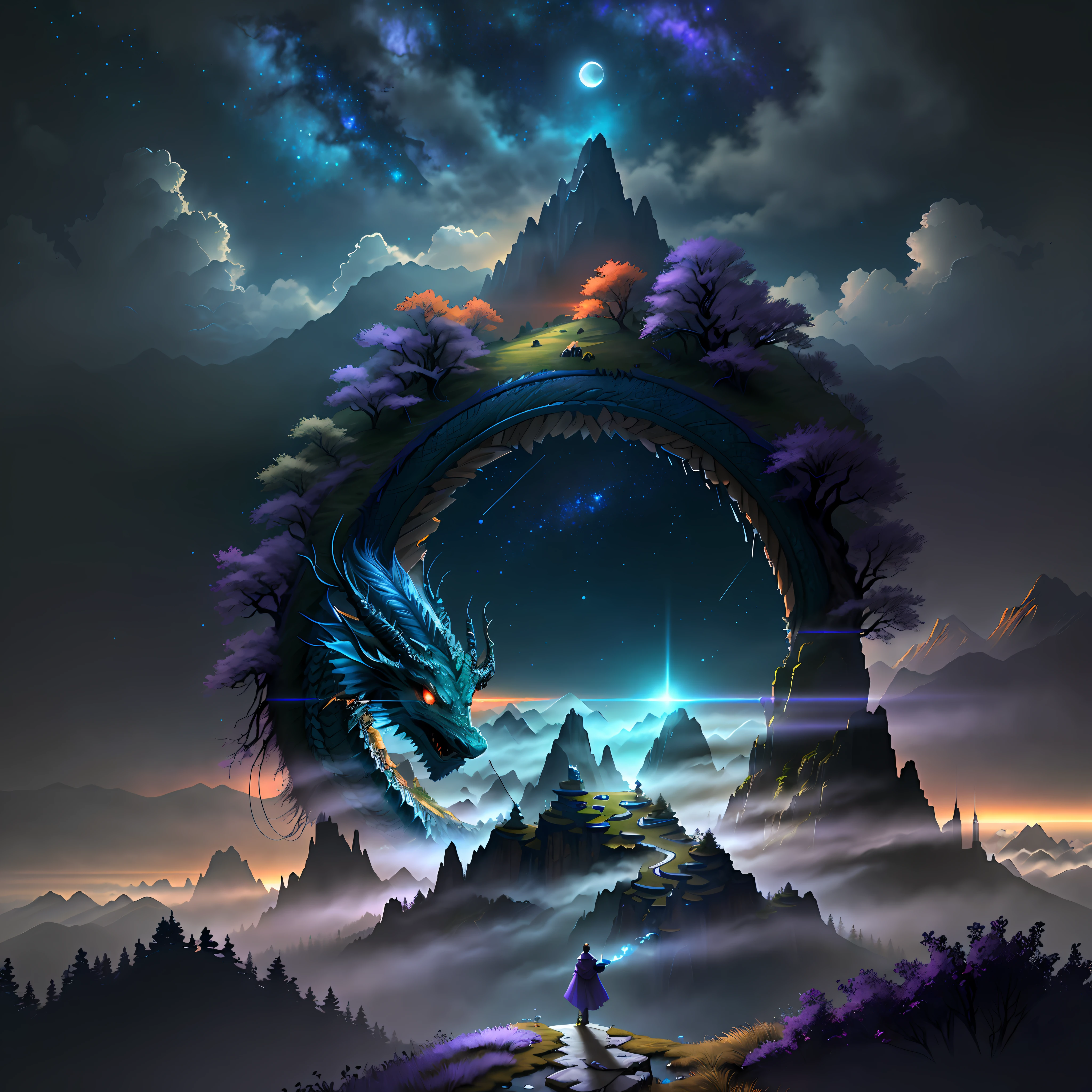 Vast landscape photos, (looking at the sky and the wilderness below), handsome Hanfu boy standing in a flower field looking up, (Full Moon: 1.2), (Meteor: 0.9), (Nebula: 1.3), Distant Mountains, Tree Breaking Making Art, (Warm Light Source: 1.2), (Firefly: 1.2), Lights, Purple and Orange, Intricate Details, Volumetric Lighting BREAK (Masterpiece: 1.2), (Highest Quality), 4K, Super Delicate, (Dynamic configuration: 1.4), Highly detailed and colorful details (rainbow color: 1.2), (Sparkling lighting, atmospheric lighting), Dreamy, Magical, (Solo: 1.2), (Ying Dragon God), (Through the clouds), (Top of the mountains), (Complex), (Super Detail), (Starry Sky Background), (Moon Night), (Ultra Clear), (Best Quality),