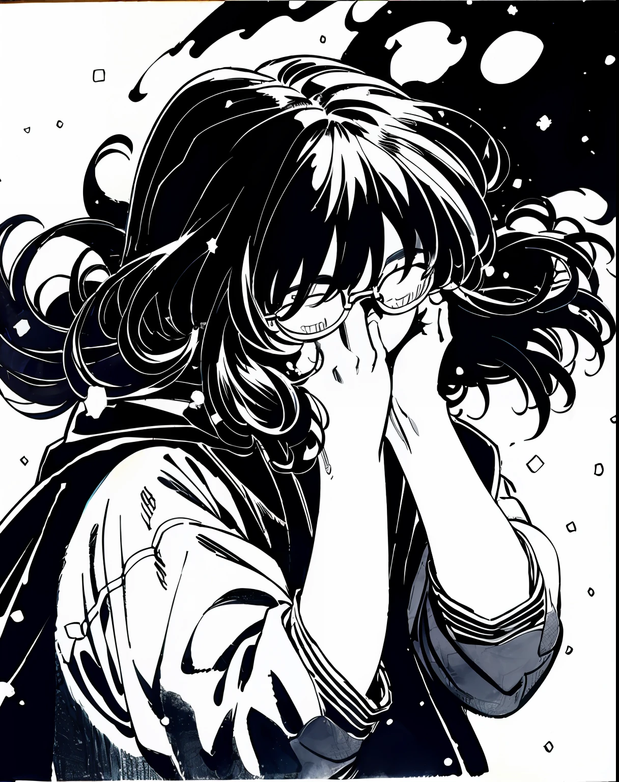 Mirai Kuriyama wearing casual winter clothes, snowing, VHS, vintage, cap, red glasses, (hair covering eyes), black coat, manga style, white background, ((monochrome))