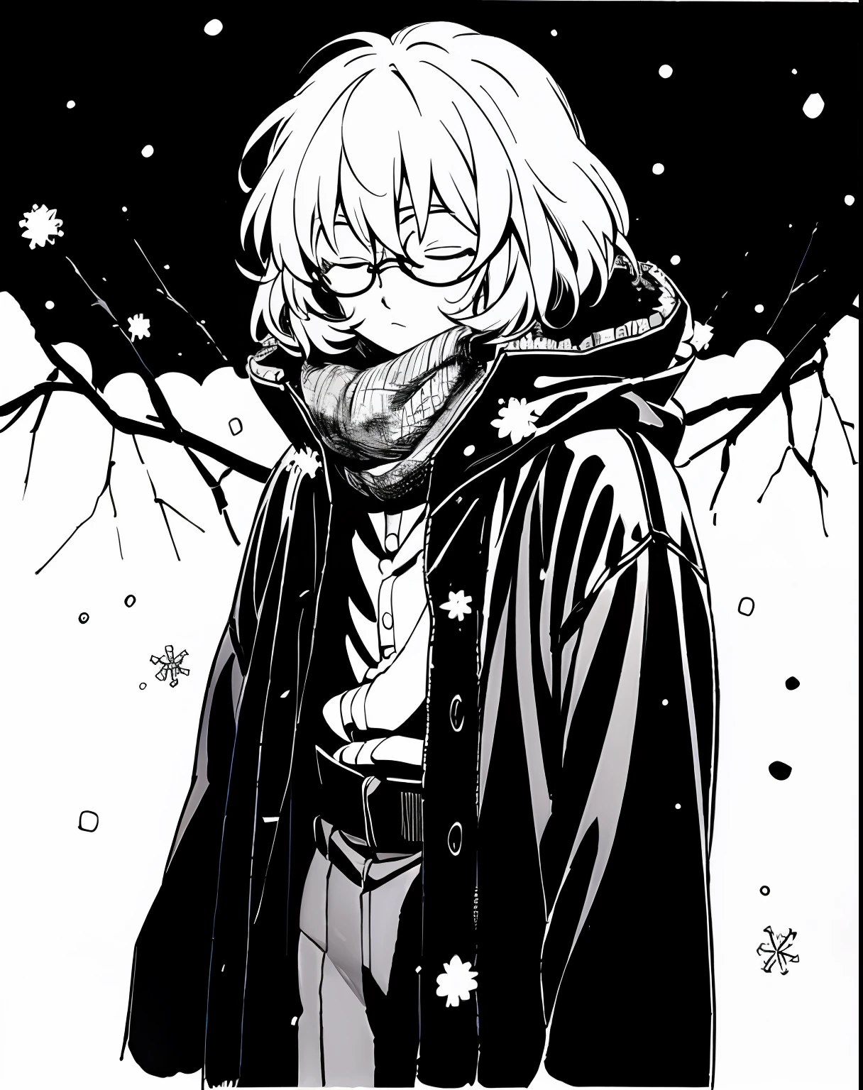Mirai Kuriyama wearing casual winter clothes, snowing, VHS, vintage, cap, red glasses, (hair covering eyes), black coat, manga style, white background, ((monochrome))