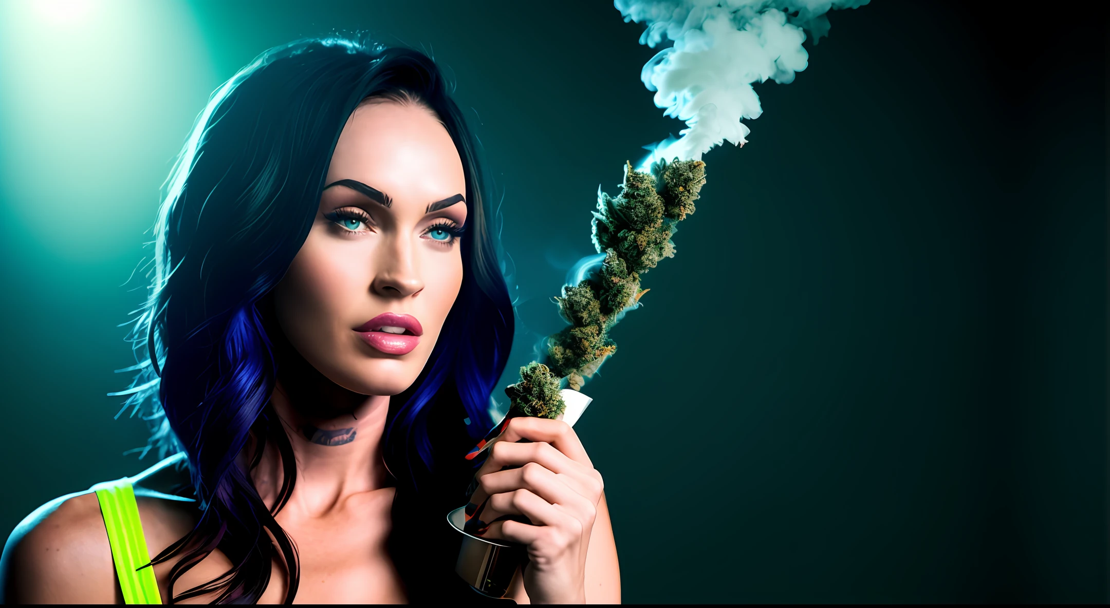 Megan fox Holds in hand A large joint marijuana, in a room with marijuana leaves, a lot of marijuana leaves, cannabis, smoking grass, a lot of smoke, neon  lights, cinematic image, 4k,Portrait 50 mm, red and blue Light
