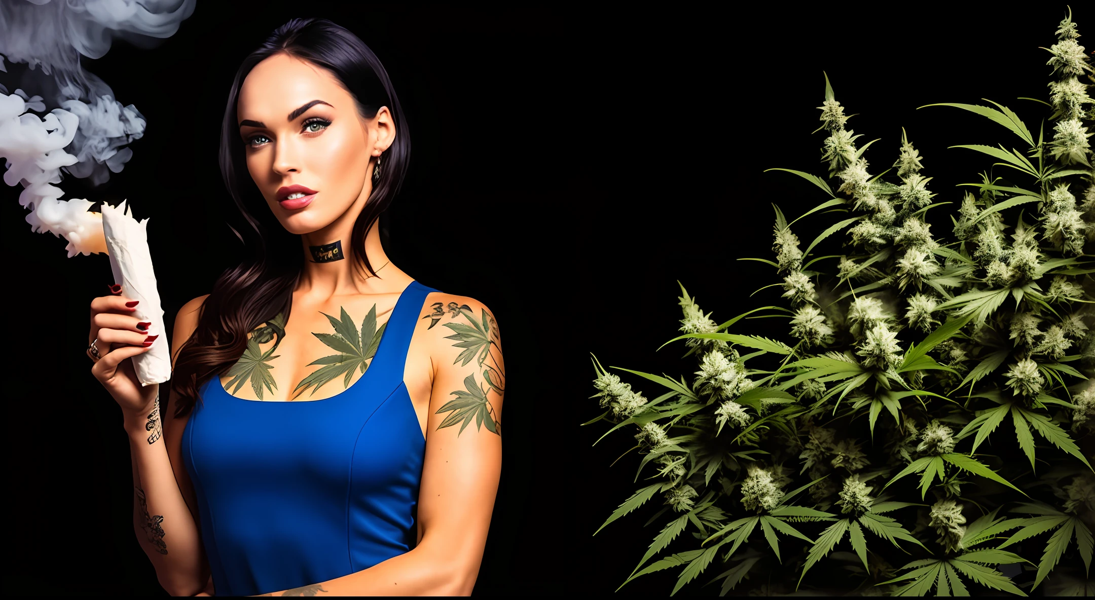 Megan fox Holds in hand A large joint marijuana, in a room with marijuana leaves, a lot of marijuana leaves, cannabis, smoking grass, a lot of smoke, neon  lights, cinematic image, 4k,Portrait 50 mm, red and blue Light