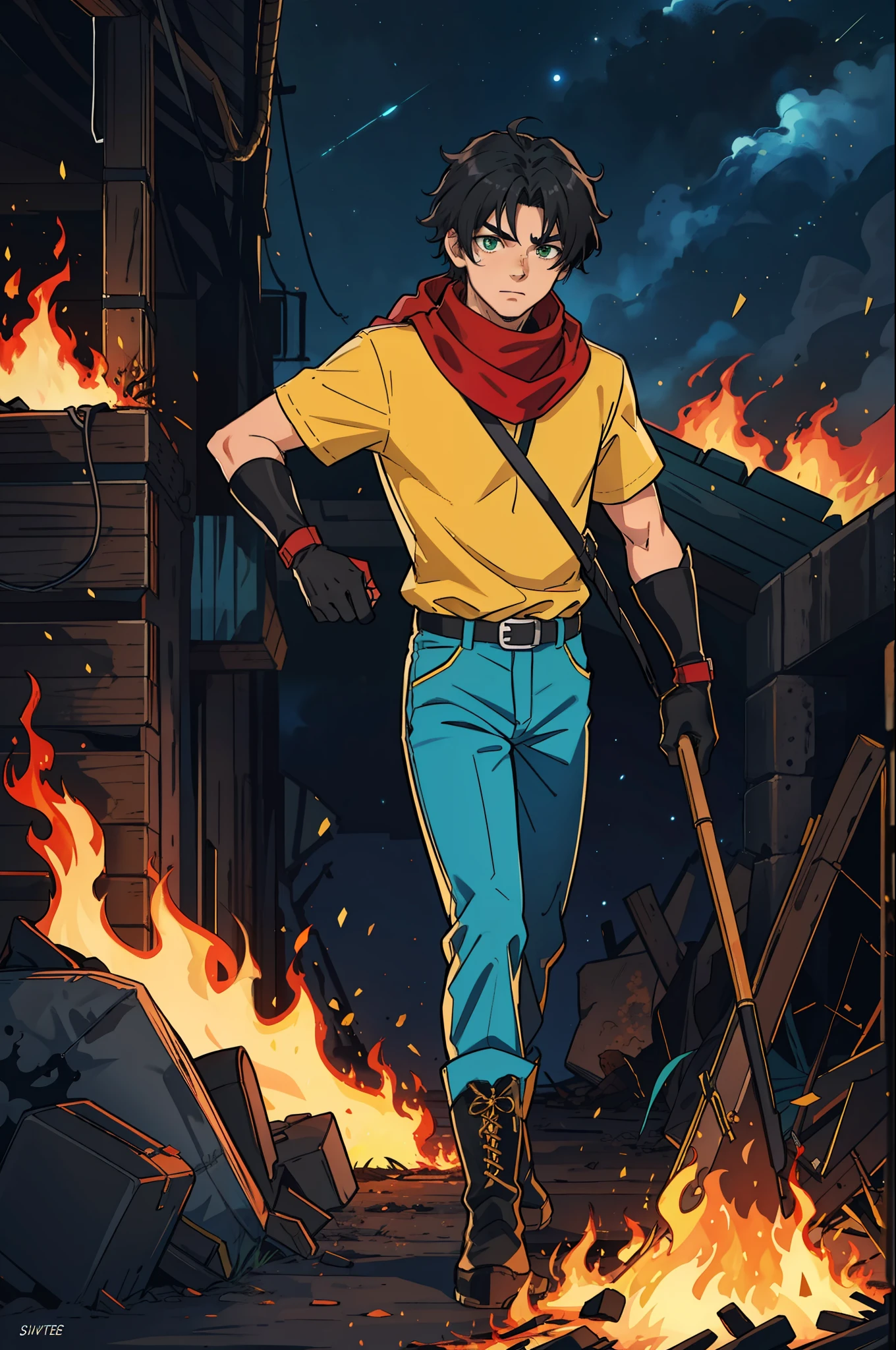 A boy, tall, black hair, abundant disheveled hair, brown skin, green eyes, a scar on his left eye, blue pants, high black boots, red scarf, yellow shirt, high black gloves, young, his arm covered by fire, apocalyptic background, night, anime, 2d, cartoon, comic