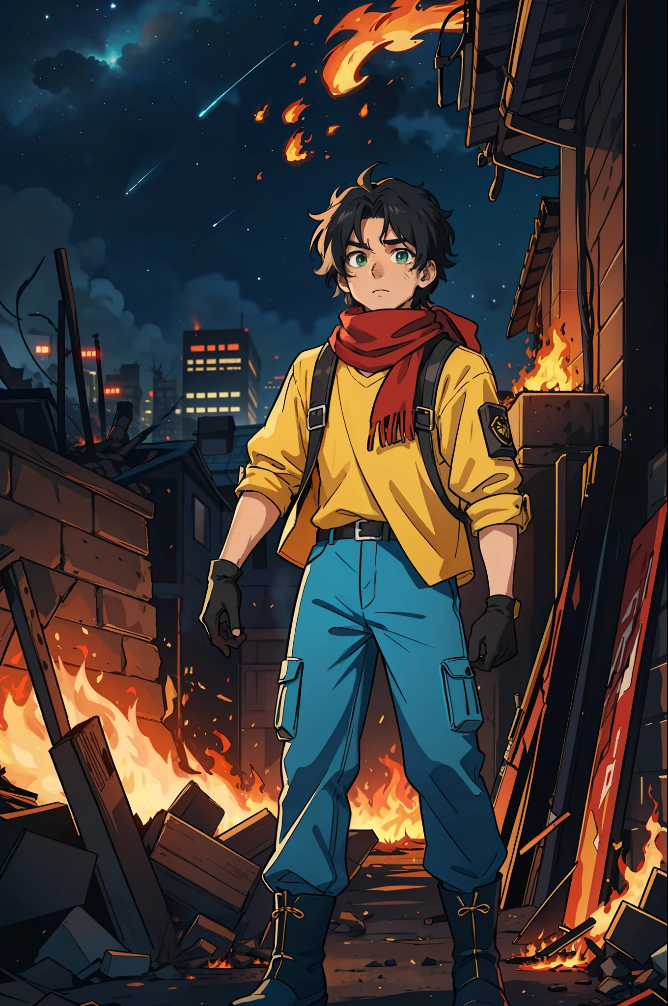 A boy, tall, black hair, abundant disheveled hair, brown skin, green eyes, a scar on his left eye, blue pants, high black boots, red scarf, yellow shirt, high black gloves, young, his arm covered by fire, apocalyptic background, night, anime, 2d, cartoon, comic
