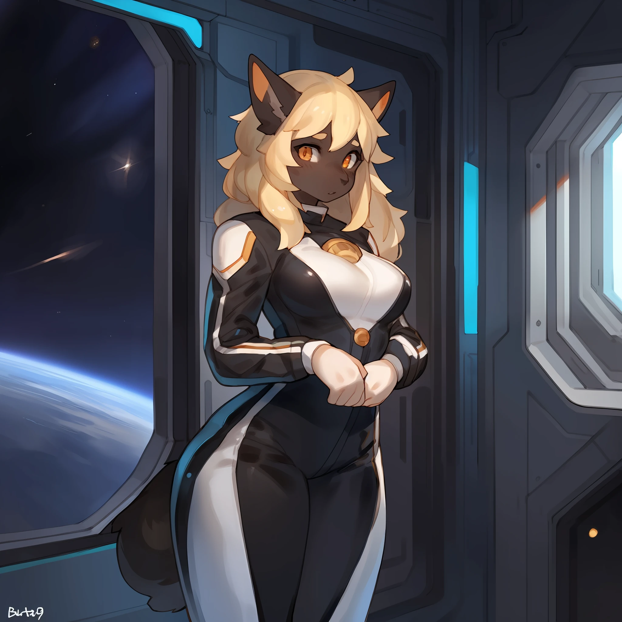 By buta99, by bebebebebe, by chelodoy, solo, female, standing, medium breasts, blonde hair, medium hair, wavy hair, messy hair, orange eyes, detailed eyes, detailed hands, black fur, black body, black face fur, black face, lips, lipgloss, white spacesuit, space, window, spaceship