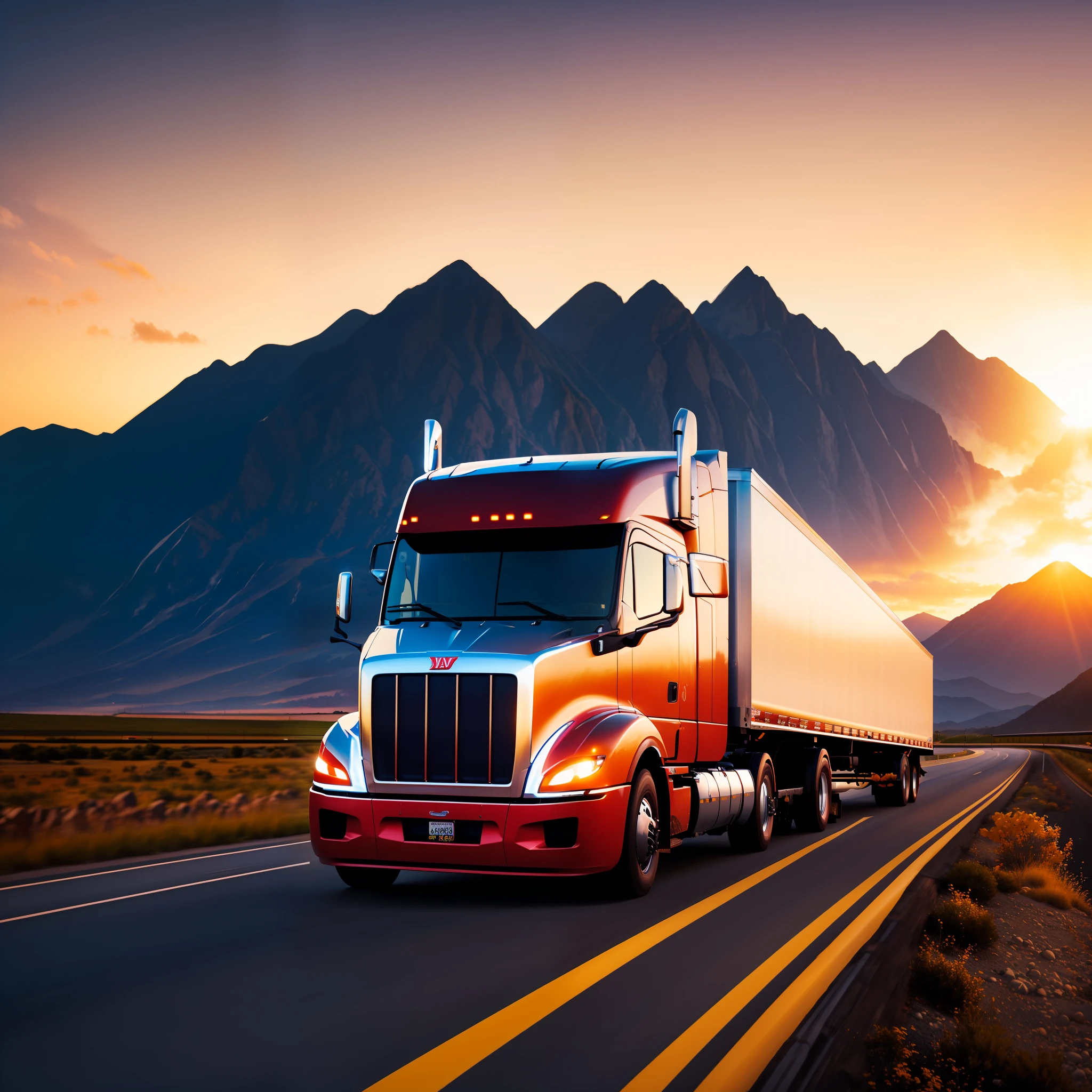 best quality, ultra high res, photorealistic, trucks, highway