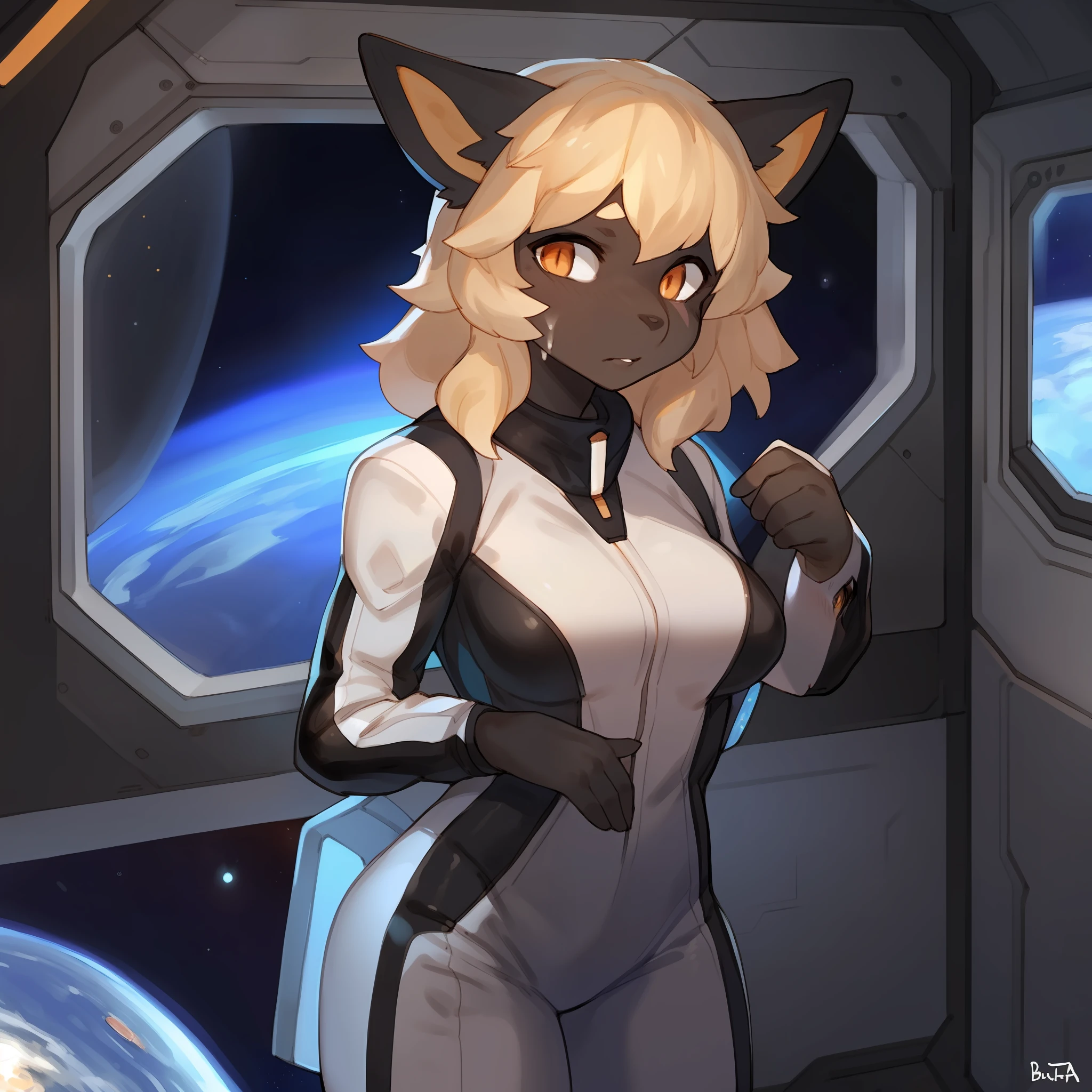 By buta99, by bebebebebe, by chelodoy, solo, female, standing, medium breasts, blonde hair, medium hair, wavy hair, messy hair, orange eyes, detailed eyes, detailed hands, black fur, black body, black face fur, black face, lips, lipgloss, white spacesuit, space, window, spaceship