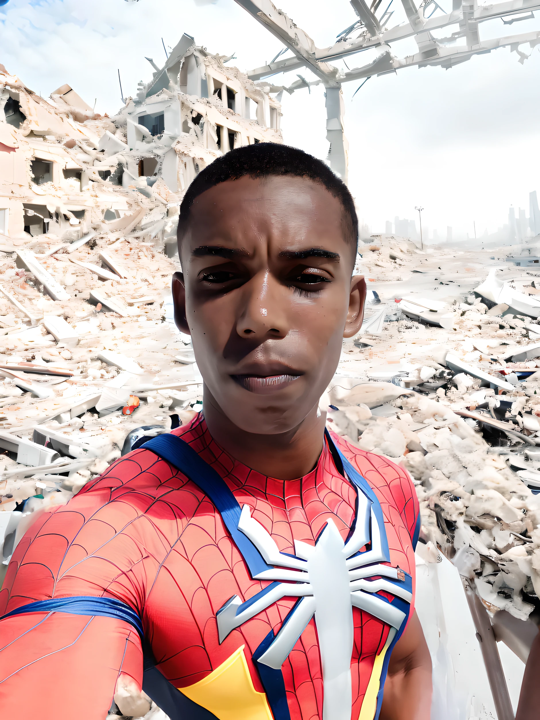 Redesign the body as muscular body of black man dressed in uniform of modern Spider-Man, harmonize with the face, realism, leave in angle like selfie