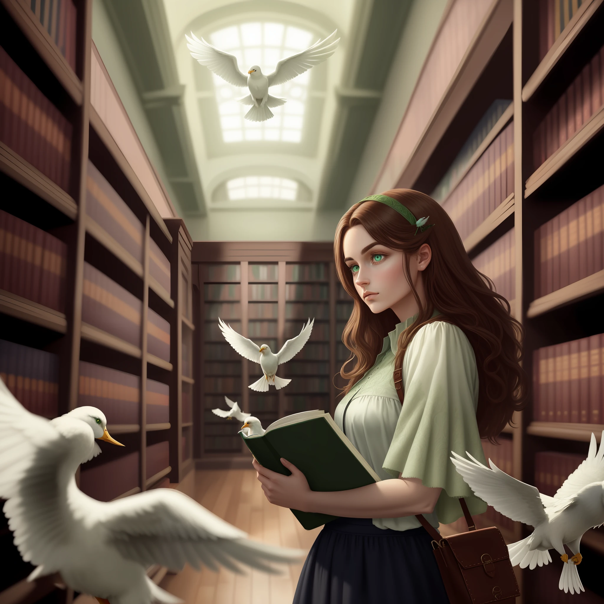 art , 6k , masterpiece, best quality, ultra-detailed , best quality, masterpiece, intricate details, tonemapping, sharp focus, hyper detailed , golen brown haired woaman in a library, light green eyes , reading , giant colorfull library , white birds flying .