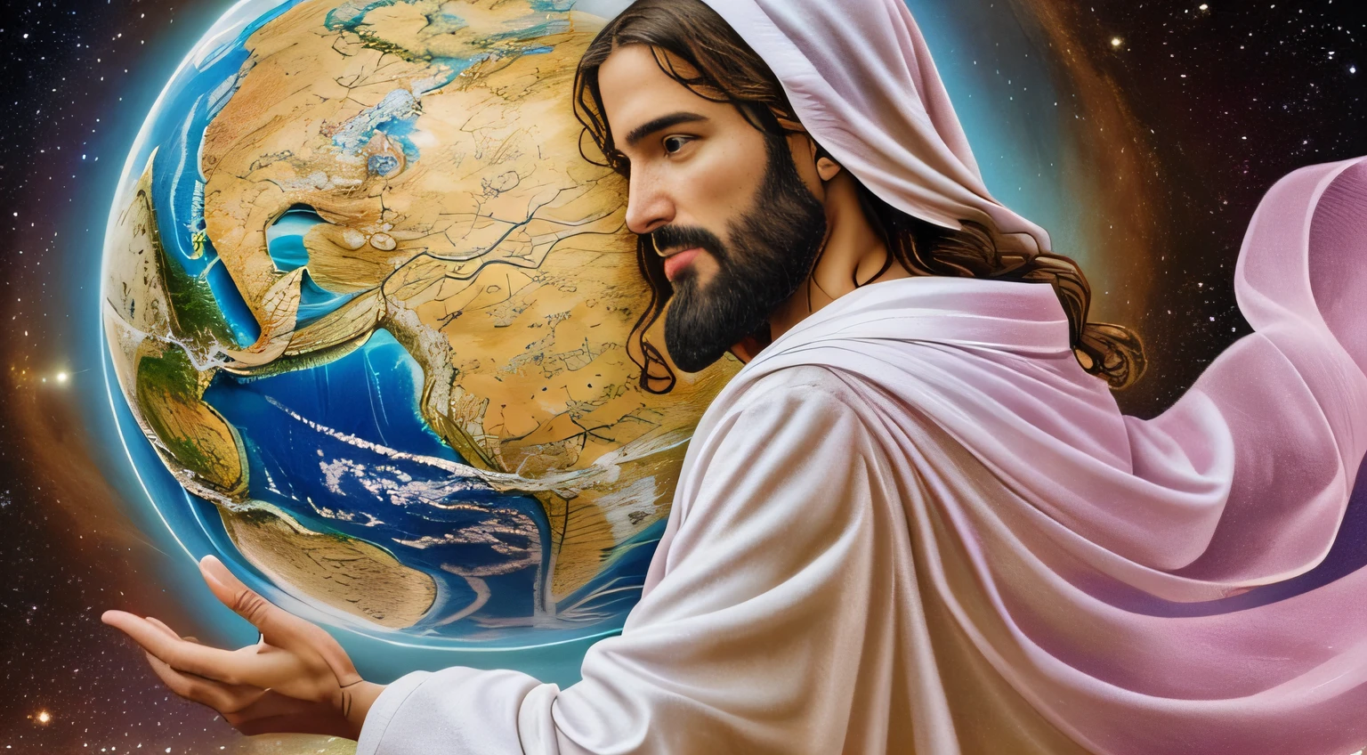 Realistic 8K masterpiece with perfect anatomy: Jesus Christ holding the planet Earth in one hand, with an undistorted face, dressed in a shimmering shining robe.Realistic work, with perfect anatomy: Jesus Christ holding the planet Earth in one hand, with an undeformed face." embellish2waiting to start