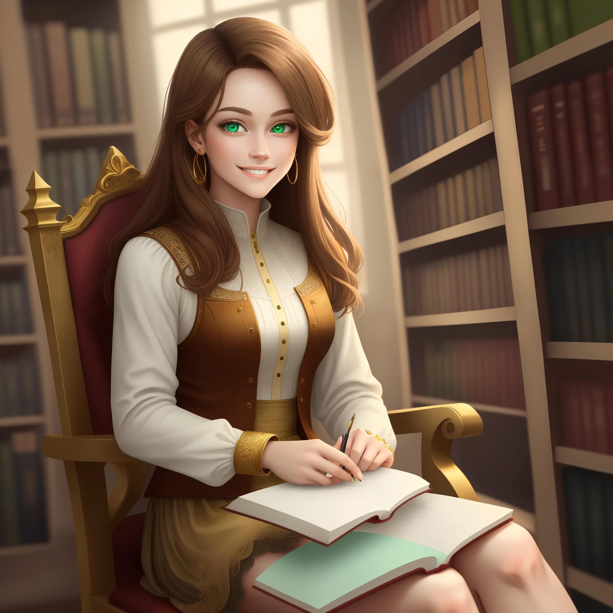 masterpiece, best quality, ultra-detailed , best quality, masterpiece, intricate details, tonemapping, sharp focus, hyper detailed , gold-brown haired woaman in a library, light green eyes , reading , colorfull library , smiling , sitting in a white chair .