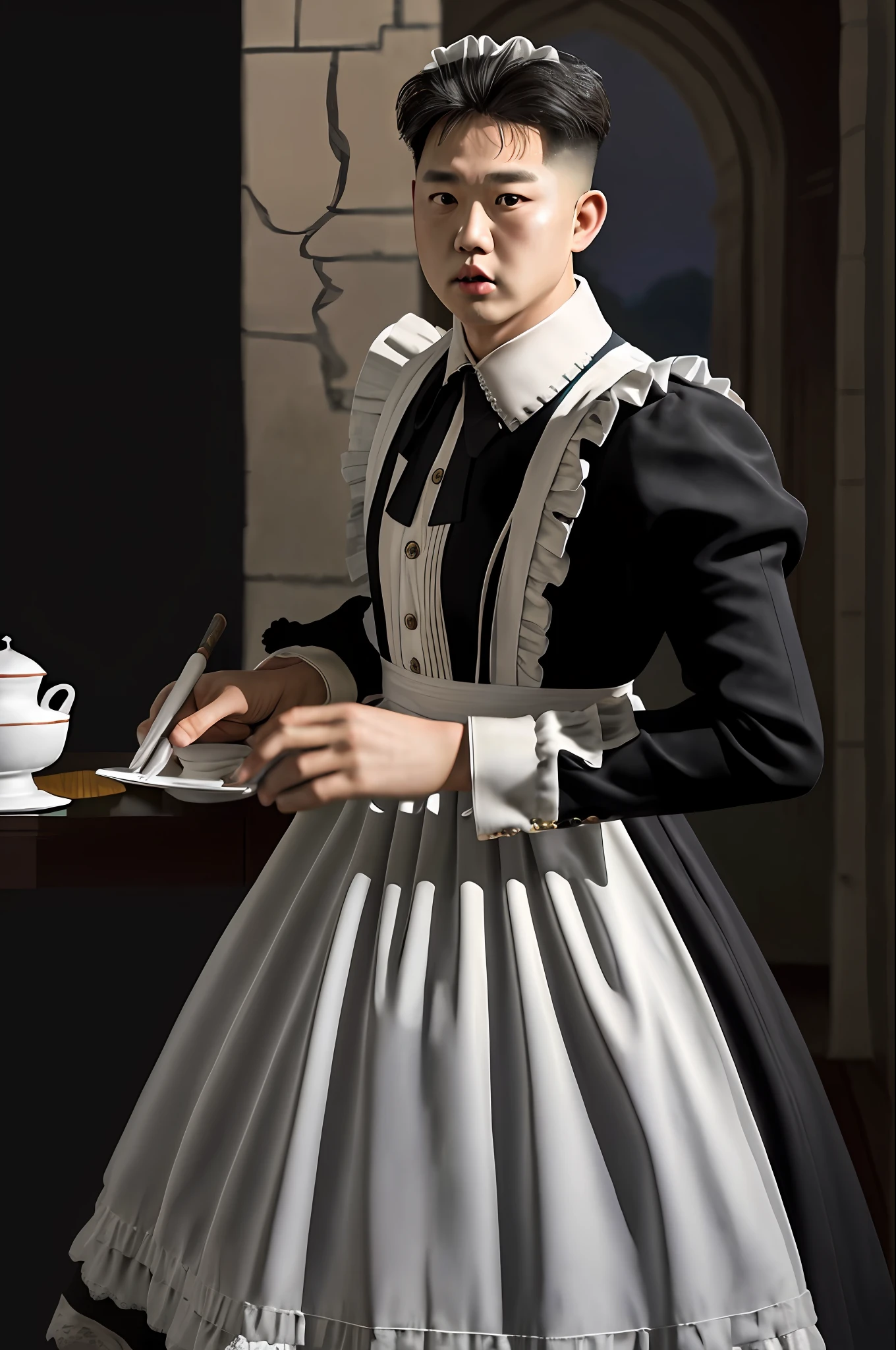 Model Kim Jong Un, realistic, photorealistic, masterpiece, best quality, 1boy, solo, standing in castle, night, looking at viewer, angry, maid_dress,