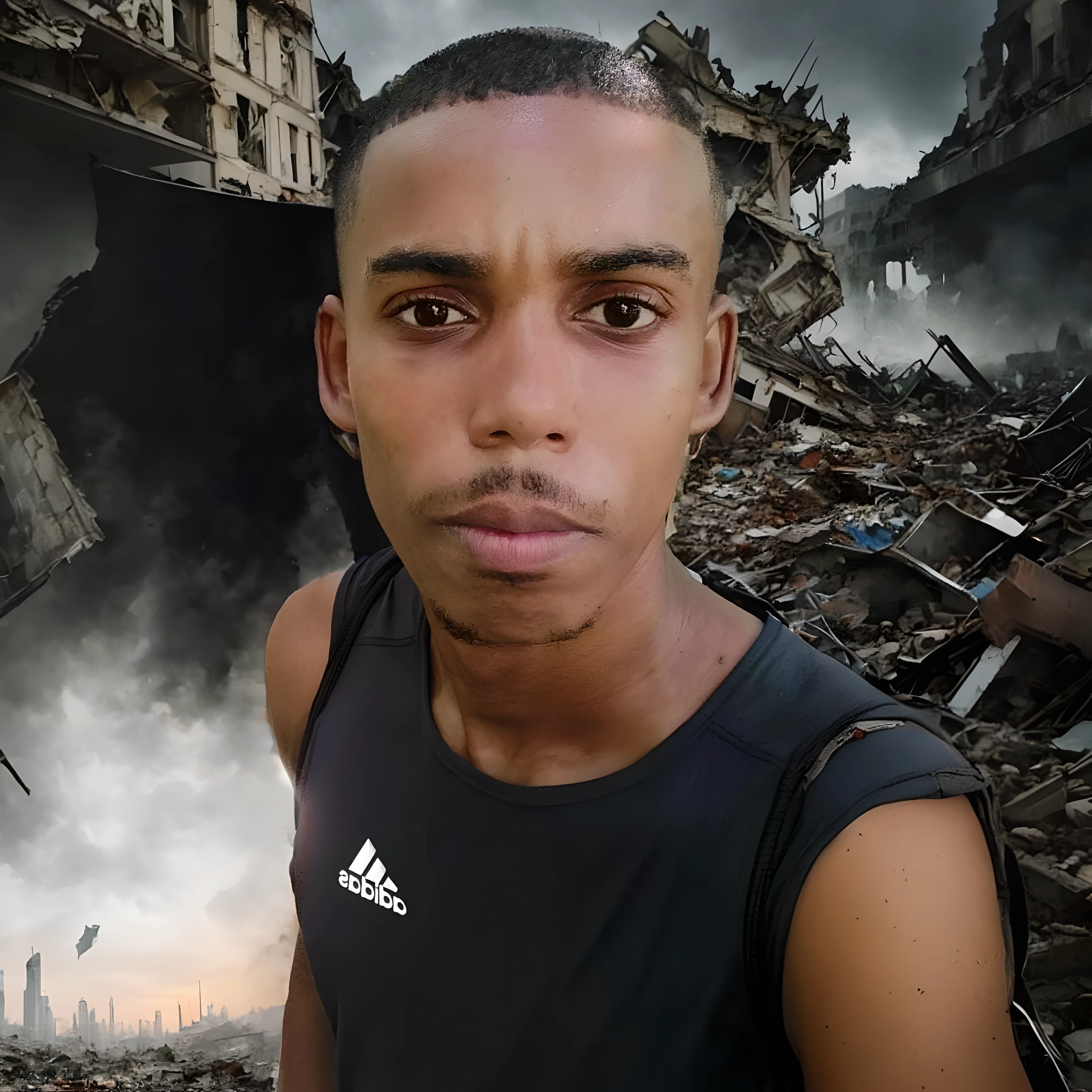 repaint the background, a destroyed city as if there had just been a battle, decimated city, with no person behind, apocalyptic scenery, destruction, realism, with selfie angle