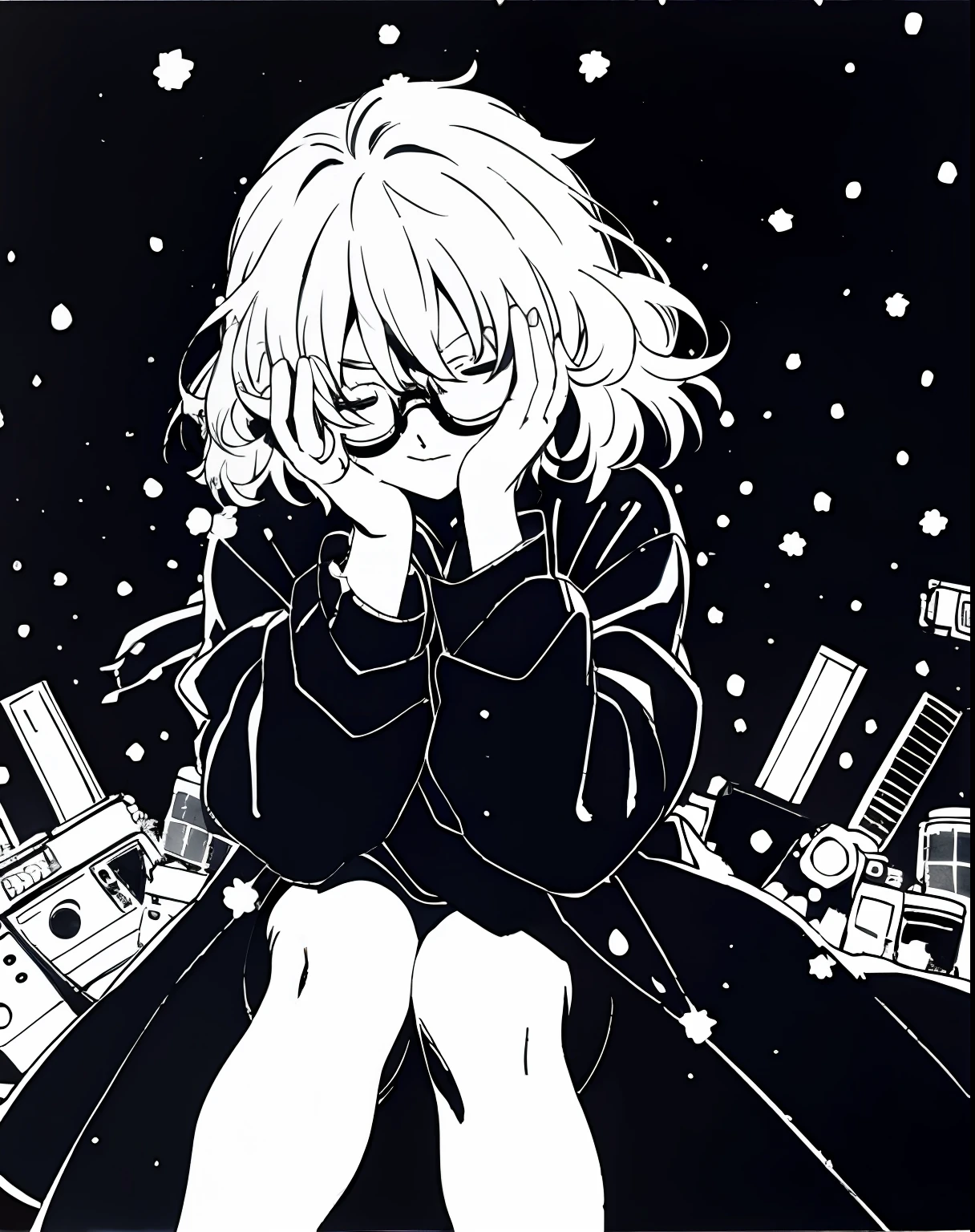 Mirai Kuriyama wearing casual winter clothes, snowing, VHS, vintage, cap, red glasses, (hair covering eyes), black coat, manga style, white background, ((monochrome))