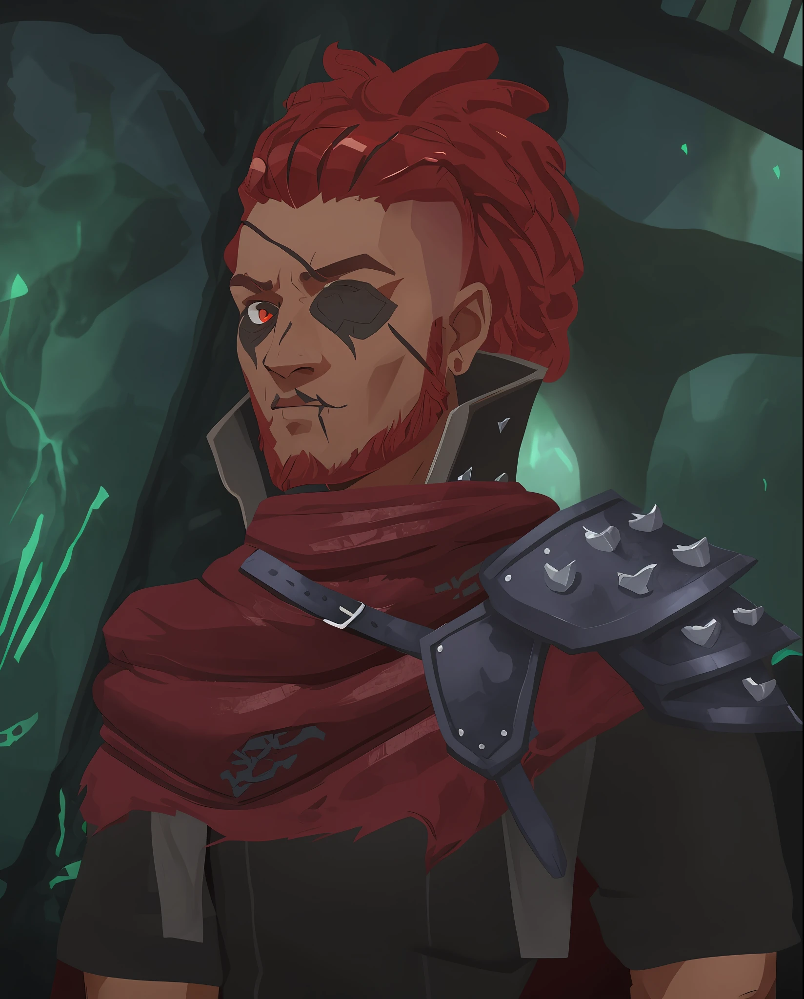 there is a man with red hair and a red scarf, character art closeup, portrait of a dnd character, character close up, portrait of fin wildcloak, character portrait closeup, character close-up, close up character, tiefling rogue, handsome guy in demon slayer art, painted in the style arcane, portrait of a red sorcerer