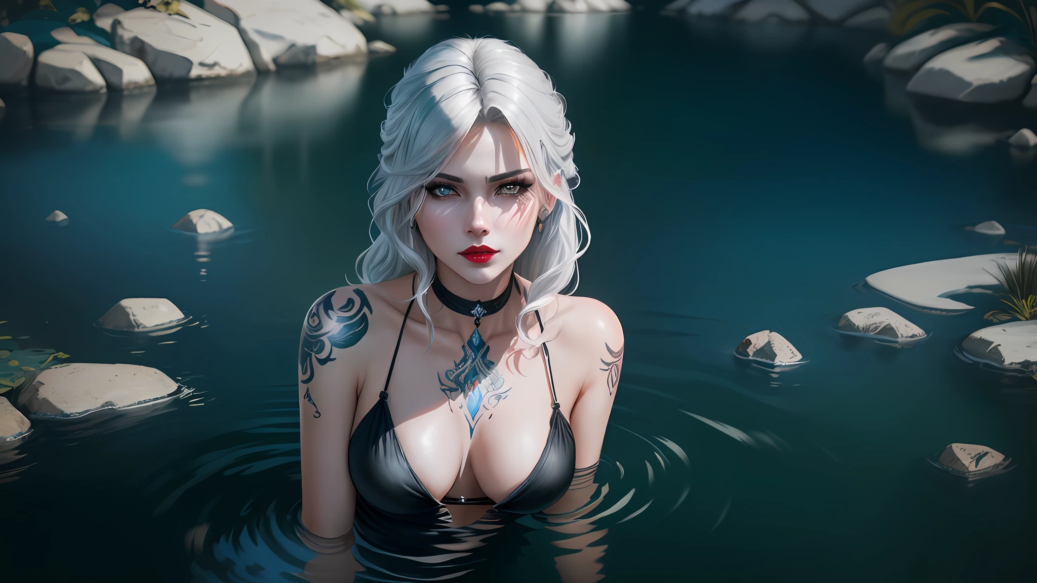 There is a woman with black neckline with gray and shiny hair and tattoos in the water, character fantasy style, magic, dark expression, sensual girl, sinister pose, dark mixed with realism, Highly detailed image, character GTA V 8K, white eyes and red lipstick, shaded, realistic water, dark and blurred background, mysterious pose, cirilla style character from The Witcher