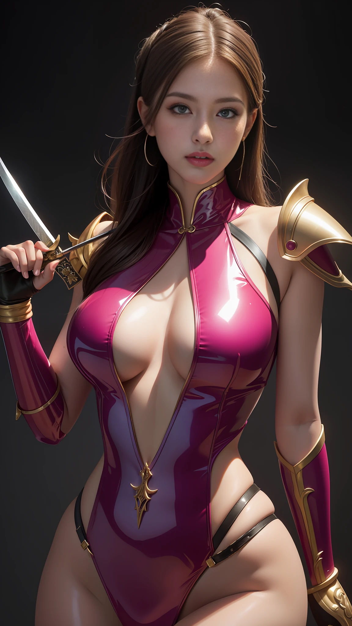 Close-up of a woman in pink latex costume holding a sword, clear eyes, dark eye shadow, smooth pink armor, WLOP glossy skin, WLOP and ArtGerm, divine rendering, thicc, extremely detailed ArtGerm, pinup. King of the Daggers, WLOP Rossdraws, inspired by the legendary master of St. Lucy, IG Model | Art Germ, by Oliver Sheen