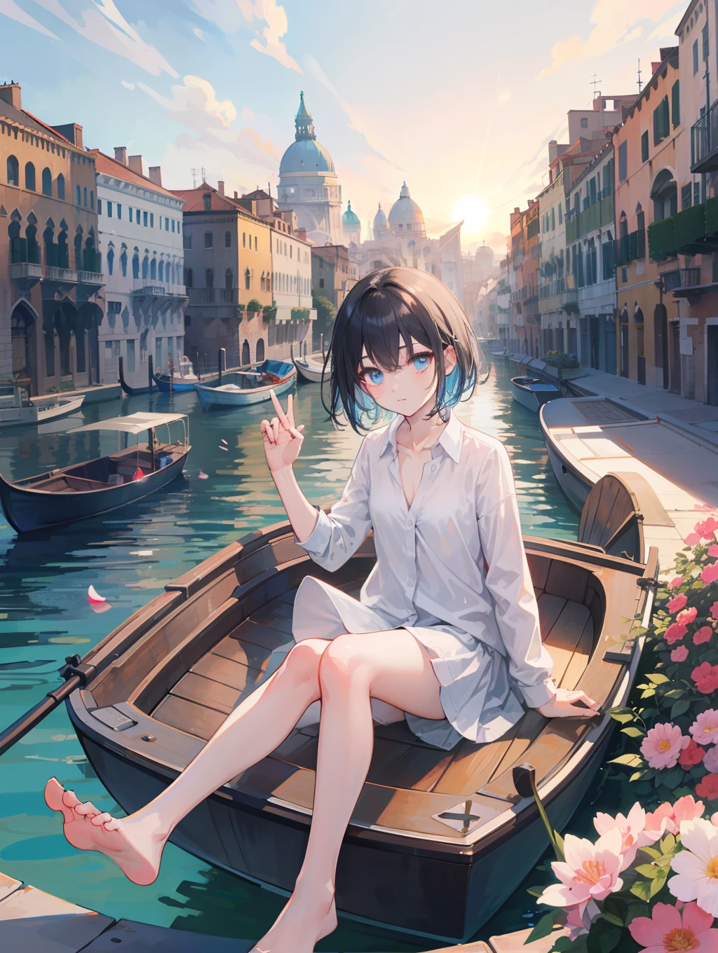 (masterpiece), (high quality, best quality:1.3), (ultra detailed), highers, (best illustration), (perfect anatomy), (intricate details), (perfect fingers), (5 fingers),
official art, (dramatic lighting:0.8),
1 girl lying on boat, solo, bokeh,
(glowing eyes:1.2), under eye glitter, crazy eye:1.25, yandere,
short black hair, graceful hairstyle, blue eye, small lips, unbuttoned shirt, medium breasts,
bare foot, Bicep bands,
Venice, boat, canal, colorful flowers, petal on water, sun shine, water sparkle, blue sky, buildings,
absurdres, dynamic angle:1.1, wide shot,