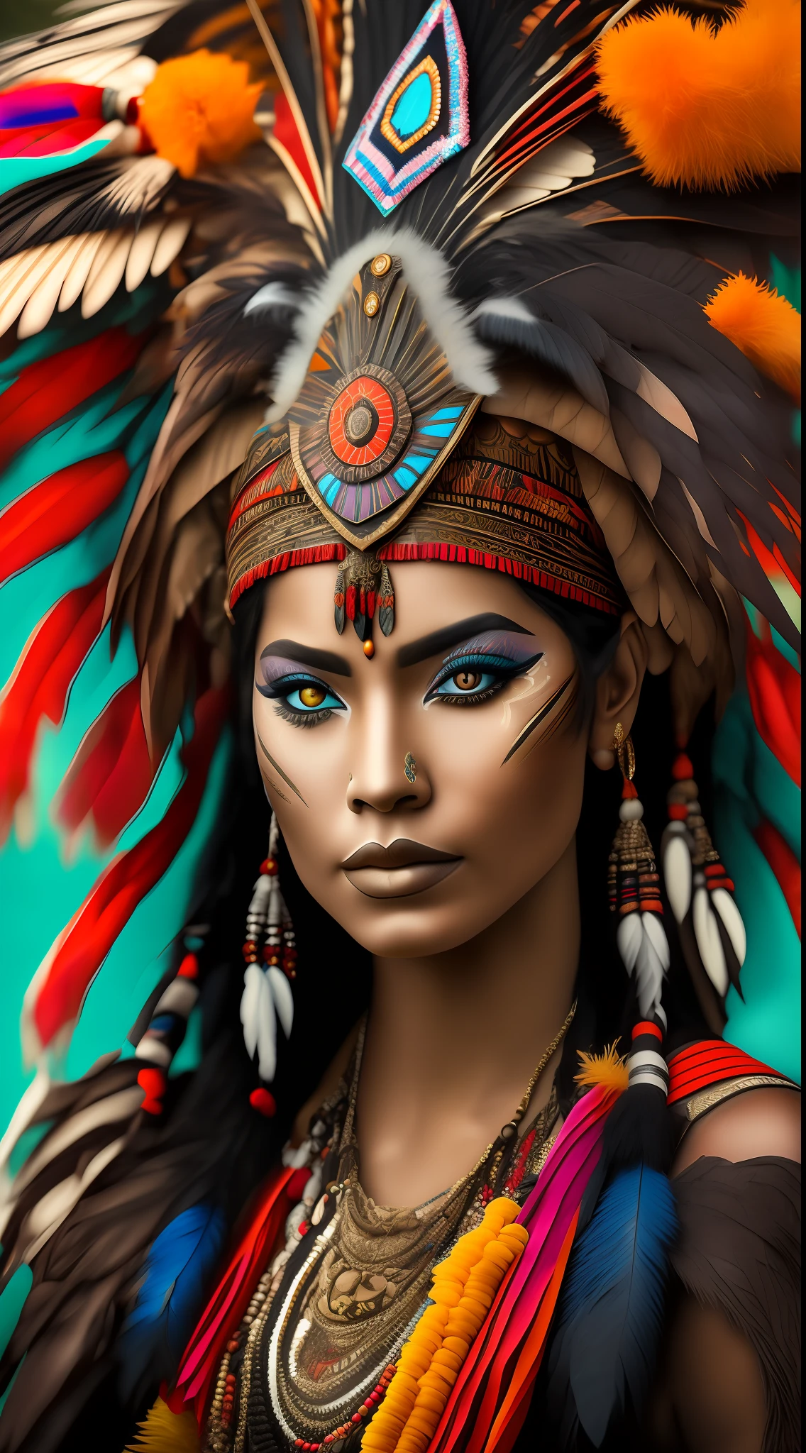 A closeup of a woman wearing a headdress of feathers and feathers, beautiful young shaman, Aztec princess portrait, she is dressed in shaman clothes, wearing crown of bright feathers, a young female shaman, : Native American shaman costume, a stunning portrait of a goddess, portrait of a colorful fantasy nymph, girl with feathers, Portrait of a warrior woman, insanely detailed, full body photograph --auto