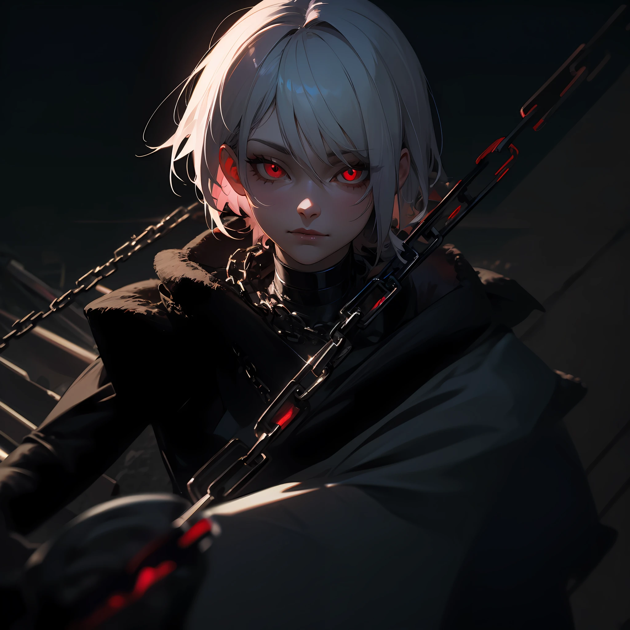 Woman with white hair and bright red eye tied by chain raised in cross shape, background full of chains and cages, full HD, 4k, 8k, 16k, high resolution, high-definition, super detailed, super realistic, --auto