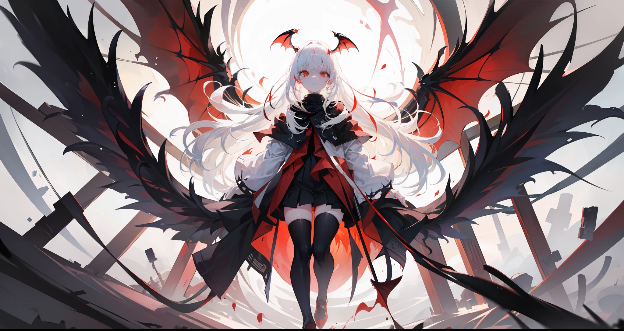 Pale girl, floating in the hair, (white hair), red eyes, black sclera, looking down at the camera, full body, splashart, (with six dark red wings), demonic atmosphere, beautiful girl, intimidating, detailed body, detailed face, detailed hair