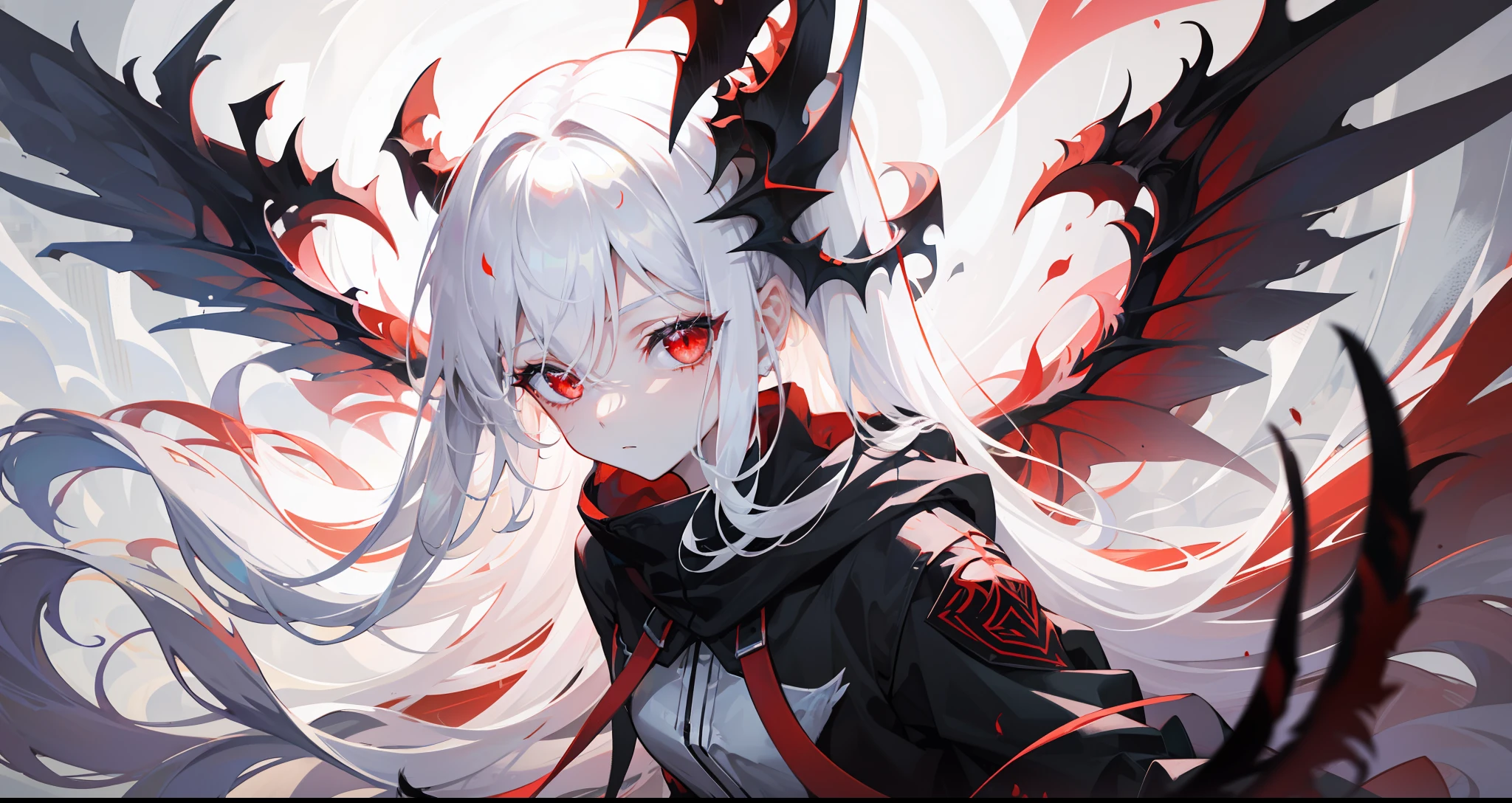 Pale girl, floating in the hair, (white hair), red eyes, black sclera, looking down at the camera, full body, splashart, (with six dark red wings), demonic atmosphere, beautiful girl, intimidating, detailed body, detailed face, detailed hair