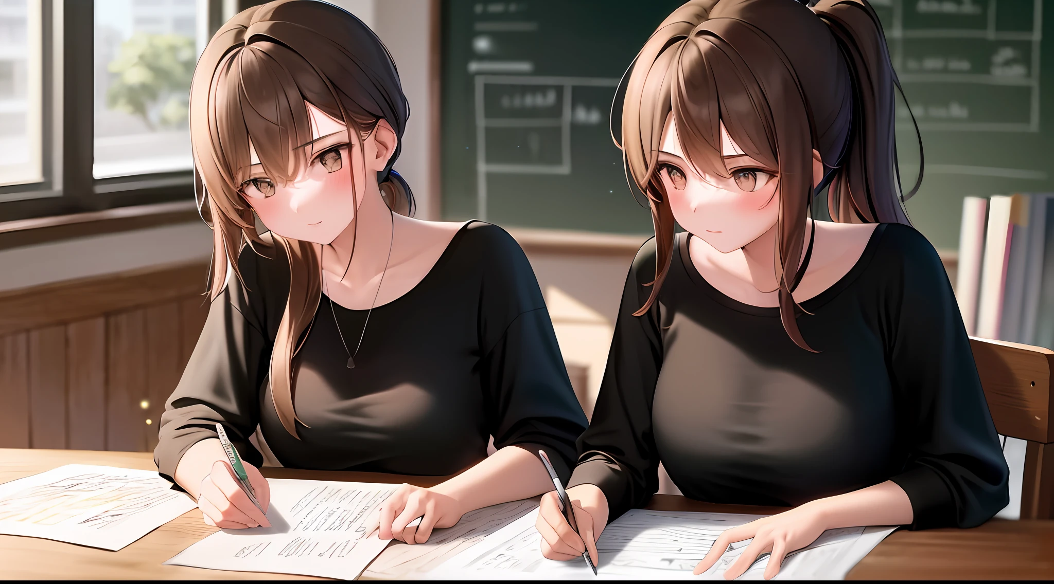 masterpiece, best quality, high resolution, one girl, loose t-shirt, girl sitting on chair studying drafting at desk, horizontal angle, studying, paperwork, brown hair, good luck studying, drafting, ponytail