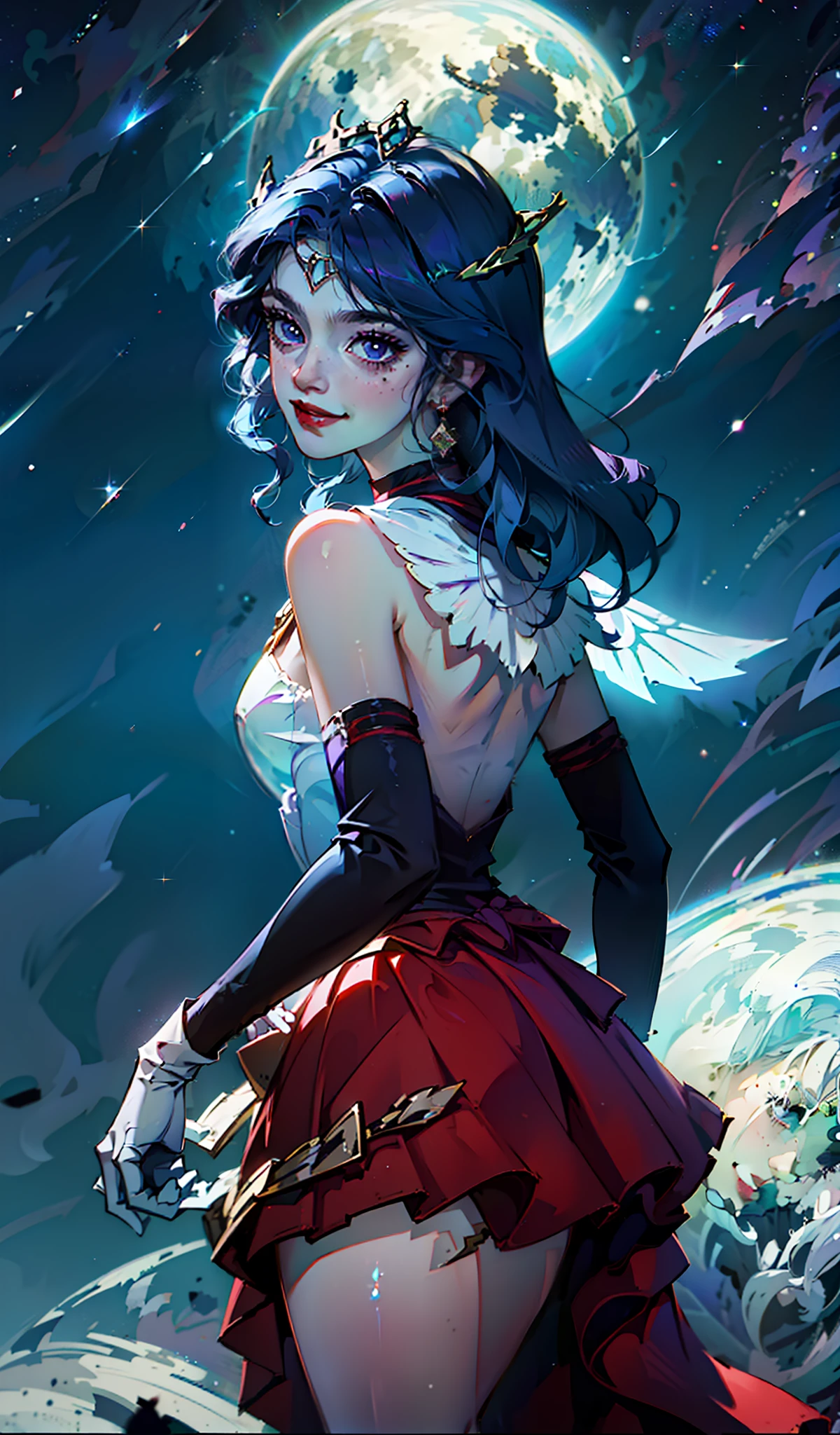 (((masterpiece))), best quality, highres, sama1, tiara, sailor senshi uniform, white gloves, red sailor collar, red skirt, star choker, elbow gloves, pleated skirt, bare legs, purple bow, standing, space, moon, cowboy shot, smile, black hair, long hair, purple eyes, faerie wings, fairy wings, traslucid wings, red big wings, uhd,8k,16k,4k