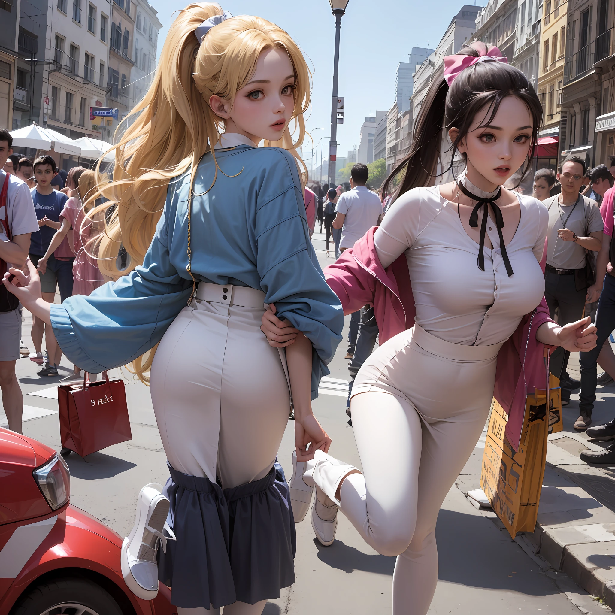 Girl. Heroin. Big ass. Big tits. Slim waist. Blonde hair. Blue eyes. White skin. Whole body. Ponytail. Transparent pink blouse. Mini transparent skirt. In public. On the street. Crowd. Press. Neck exposed. Clavicle exposed. Breasts exposed. Thighs exposed. Groin exposed. Large vaginal lips. Pubic hair. Day. Perfect lighting. 4k. Fullhd. Better quality. --auto