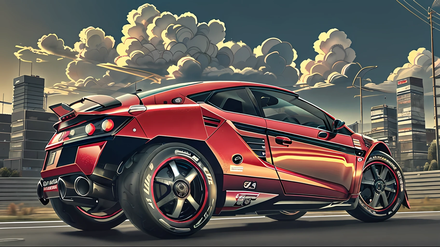 official art, unity 8k wallpaper, ultra detailed, beautiful and aesthetic, masterpiece, best quality, realist, akirabike red, cycling, cloudy day, cyberpunk city view, epic screen, desert scenery