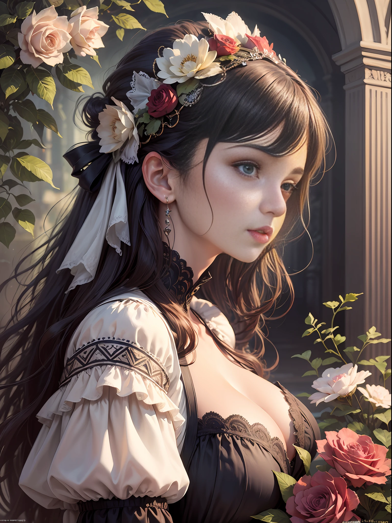 (Pure Color: 0.9), (Color: 1.1), (Masterpiece: 1,2), Best Quality, Masterpiece, High Resolution, Original, Highly Detailed Wallpaper, 30 years old, Beauty, Beauty, Victorian, Dress, Melancholy, Big Breasts, --auto --s2