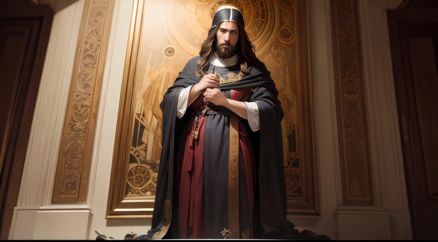 Jesus of Nazareth photorealistic, traditional clothes of the time, full body, hyper-detailed painting, realistic, 4k, luminism style and bar lighting, Artgerm aesthetic, WLOP, Alphonse Mucha, Klimt and Erte, mixture of bold dark lines and loose lines, high definition, cinematic style and the raw sketch are trend in ArtStation, Post-production techniques were used to improve the image, All with high attention to detail. --auto