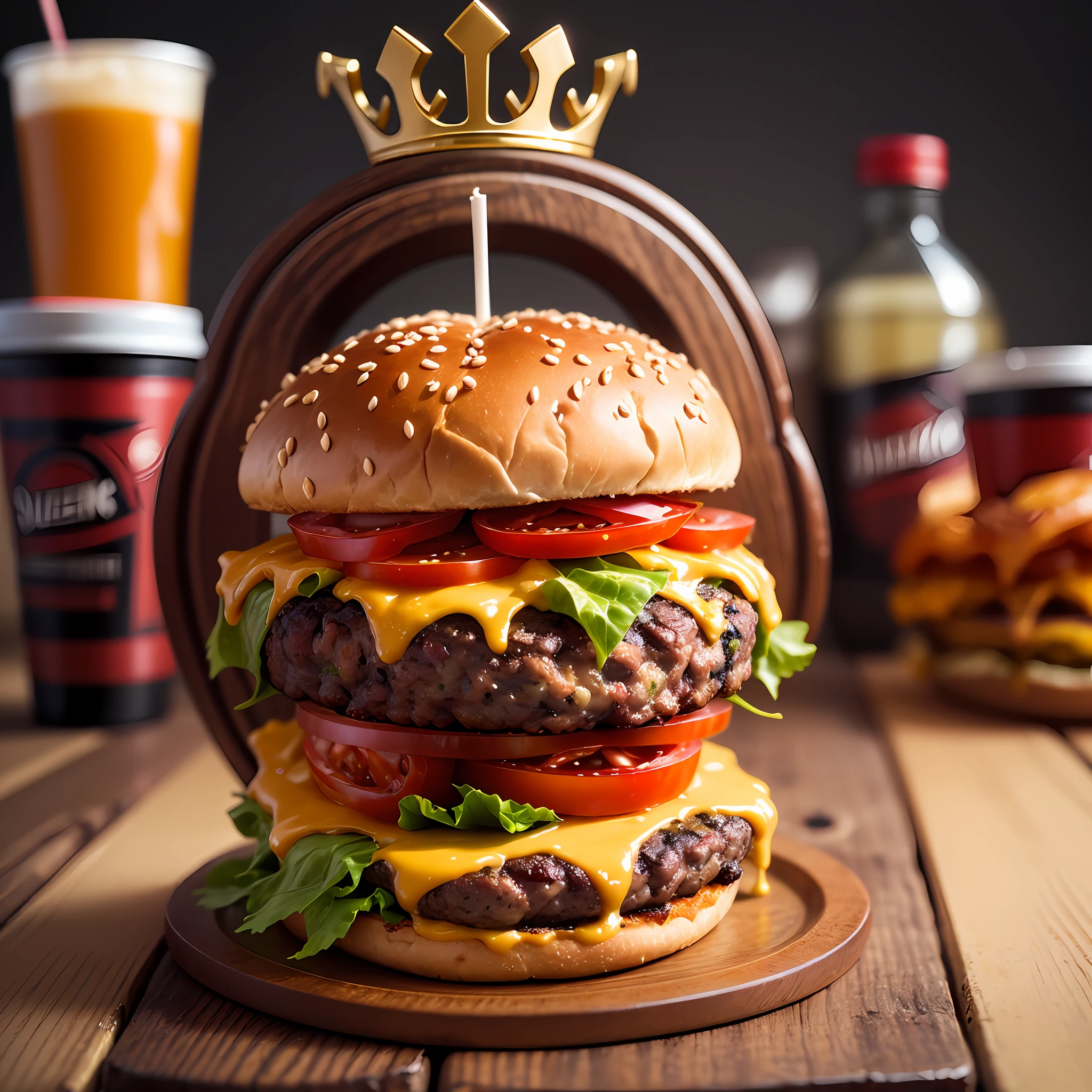 create a logo for my 'Queens Burger' burger joint using dark red and gold colors, with a stylized crown, elegant sans serif font, and a balanced composition that conveys sophistication and appetite. 4K UHD --auto