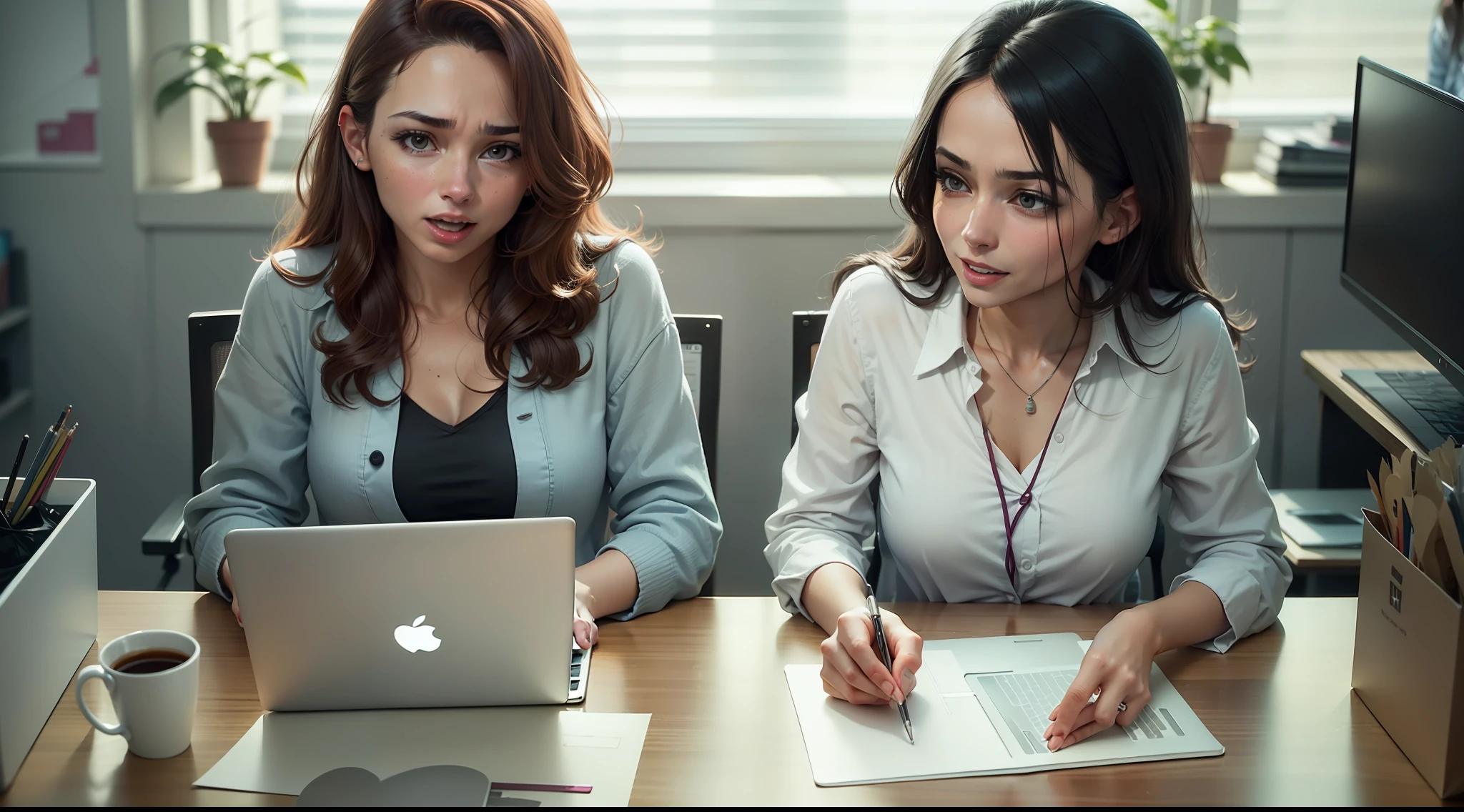 (two women), sitting at a desk with laptops, (a woman with a frustrated expression), (another woman with a happy expression), (beautiful and detailed face), working in an office, in front of a computer, co-workers