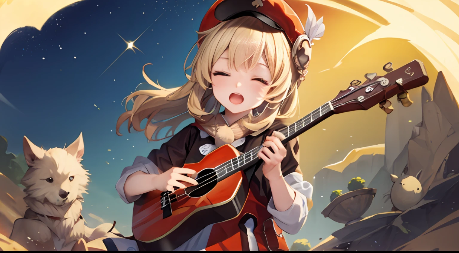 klee singing eyes closed, playing ukulele, desert scenery