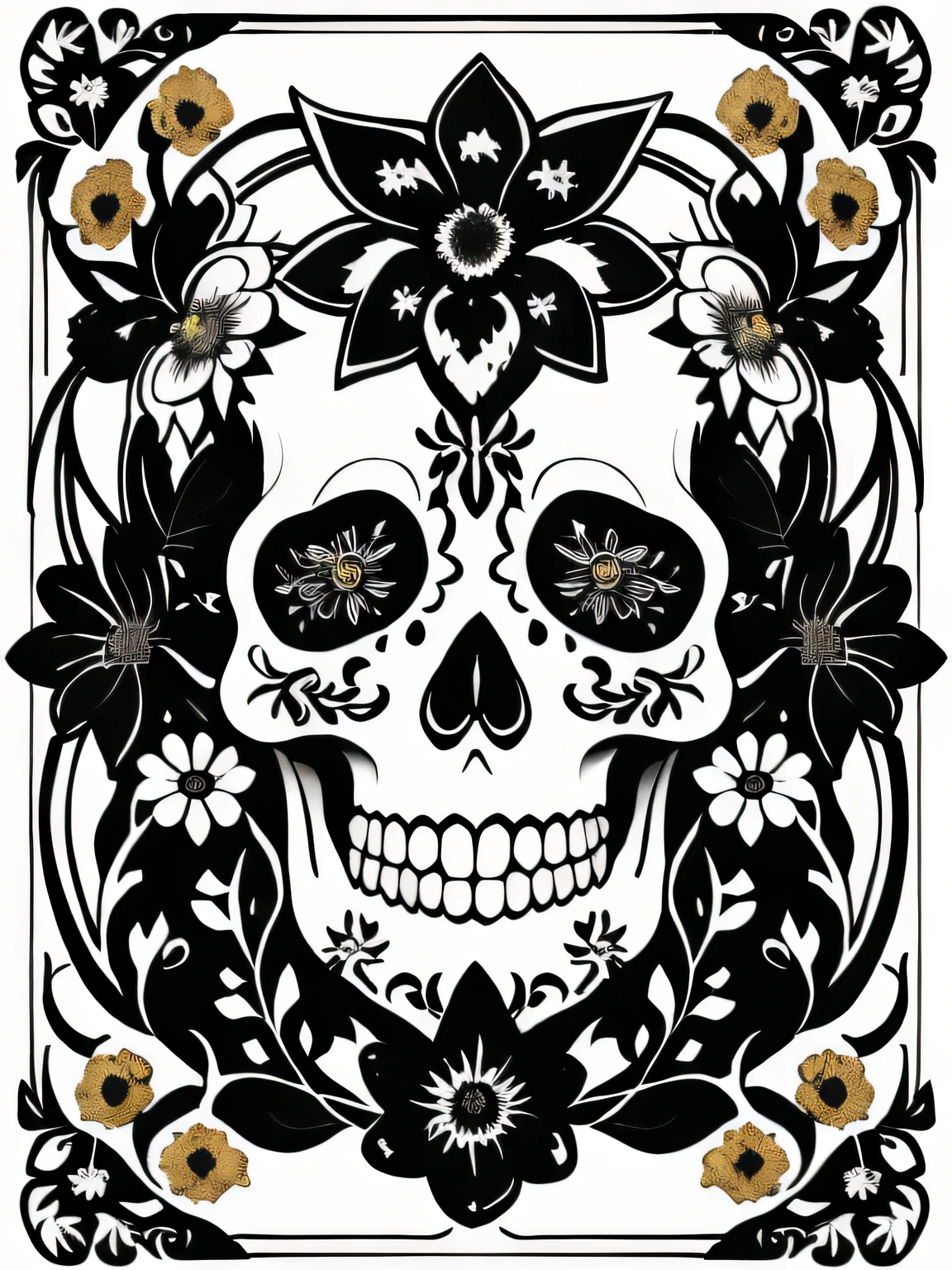 (Best quality), (masterpiece), (ultra detailed), (high detail), (extremely detailed), decorated sugar skull + black and white ink + detailed texture + magic + symmetrical + symmetry + bouquet of flowers + flowers + vines + detailed ink illustration + art nouveau + tarot card with ornate border frame + flowers + white, black and white background, coloring page, vector, lineart, black and white,  64k