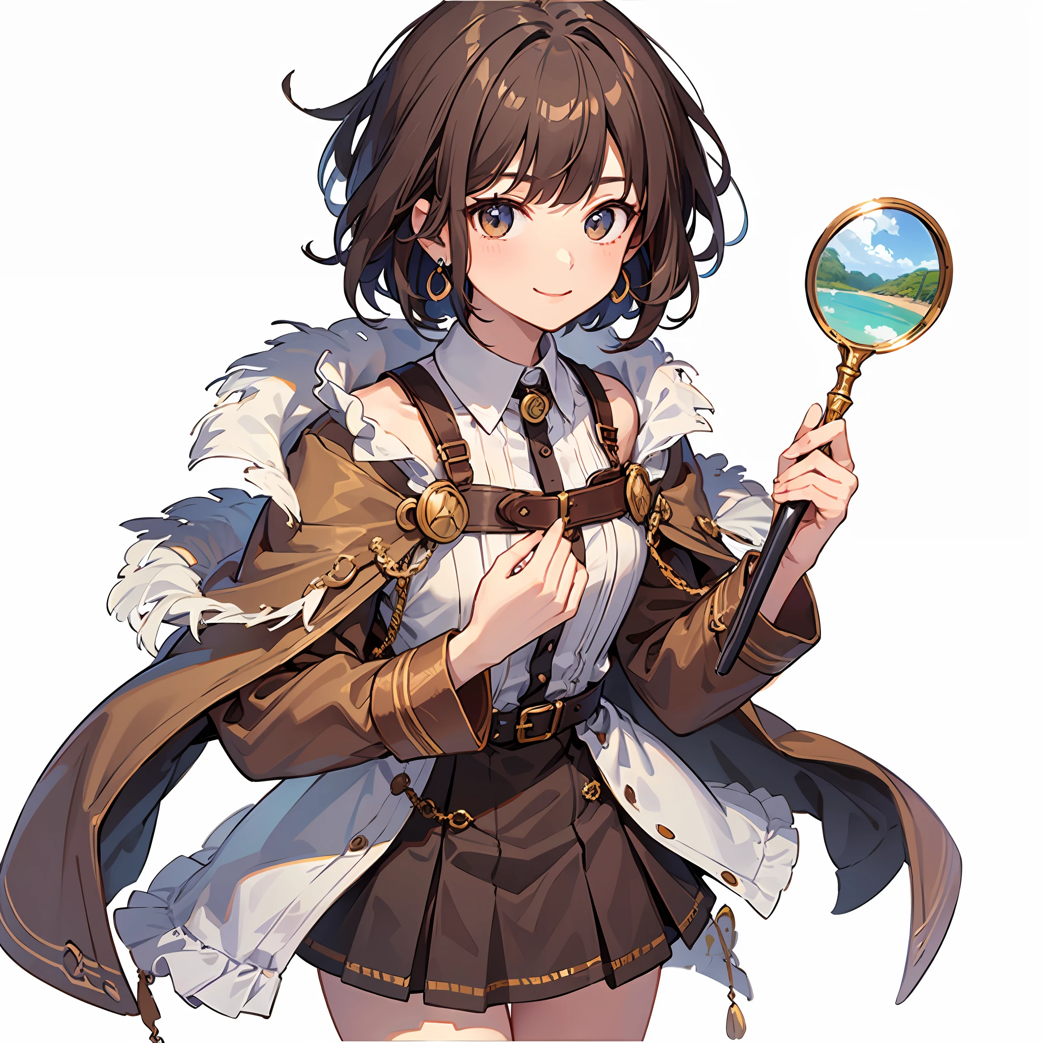(((Masterpiece)))), (((Best Quality))), Hi-Res, Standing, (Cute One Girl))), Solo, White Skin, Small, Eight-headed, (Brown Hair), ((Short Hair)), ((Straight Bangs)), Bob Hair, Beautiful Hair, Brown Eyes, Beautiful Eyes in Detail, Red Face, Smile, Detective Costumes, Brown Clothes, Brown Hat, Magnifying Glass, Earrings, Outdoors, Back Alley, (Noon), Shadow Lighting,