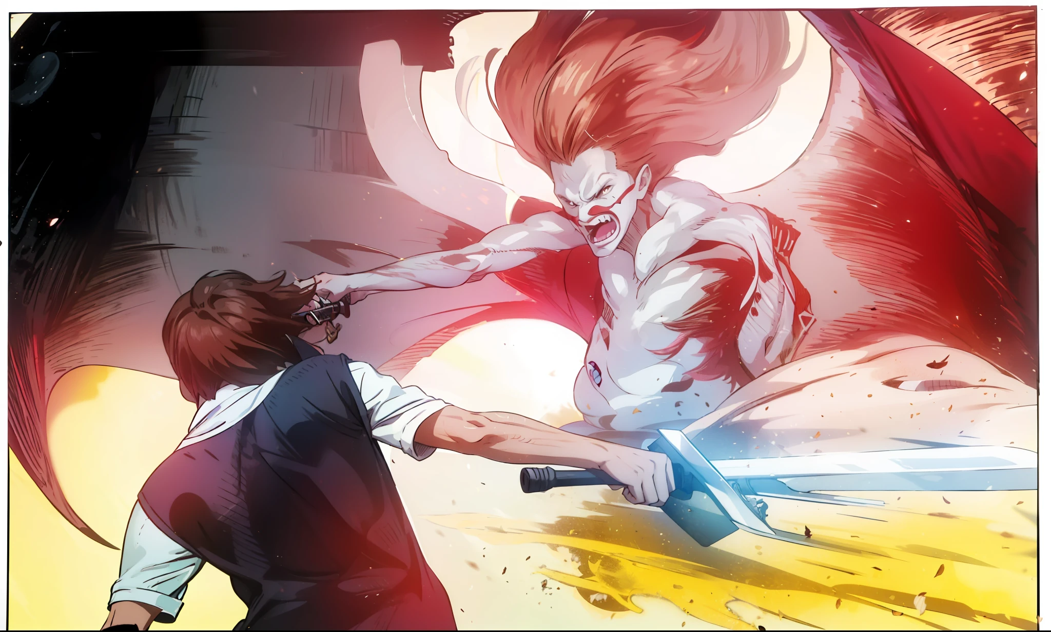 4k, realistic. A 13-year-old male teenager, brown haired, he is using a sword to cut a monstrous bat woman